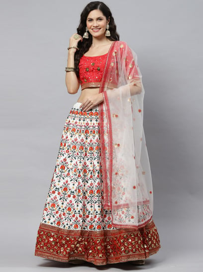 Buy White Crush Cotton Embroidered Floral Round Godet Lehenga Set For Women  by Nikasha Online at Aza Fashions.