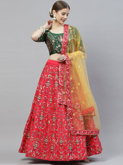 Buy JD COLLECTION Women's Silk Blend Semi-Stitched Lehngha Choli Stitched  Blouse With Dupatta (Red Green) Size :- Free Size at Amazon.in