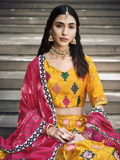 Yellow Pink Lehenga Choli Indian Silk Lengha Chunri Ethnic Party Wear Sari  Saree | eBay
