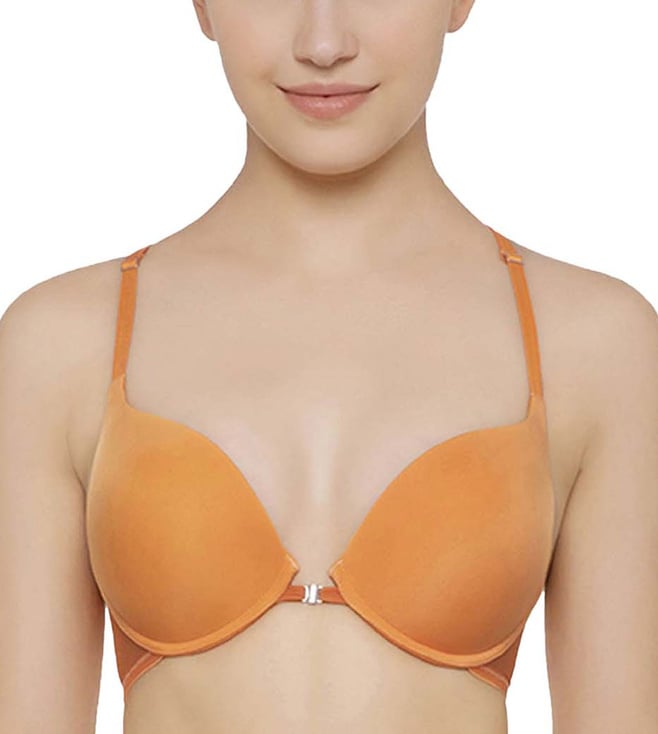 Soleil Padded Wired 3/4Th Cup Front Closure Plunge Lacy Bras-Orange