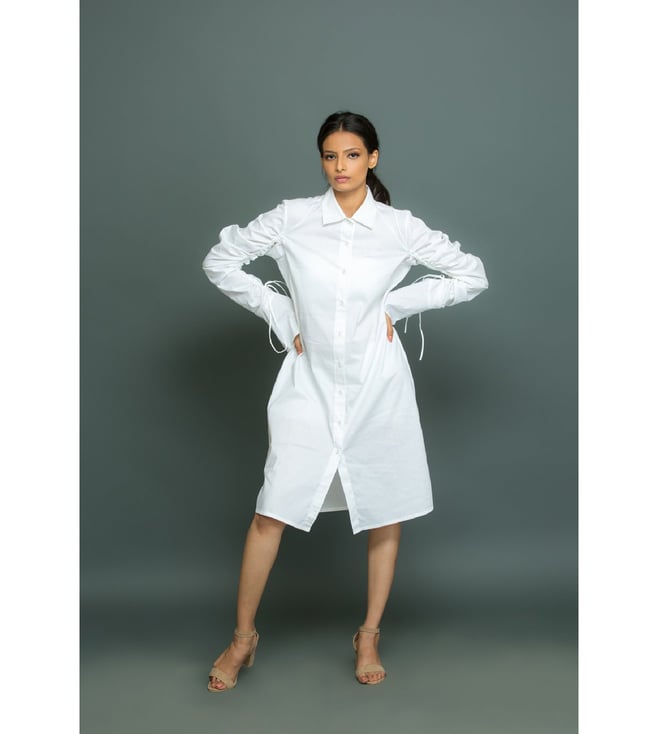 Buy Echke White Strings Pull Up Sleeves Collared Shirt Dress for