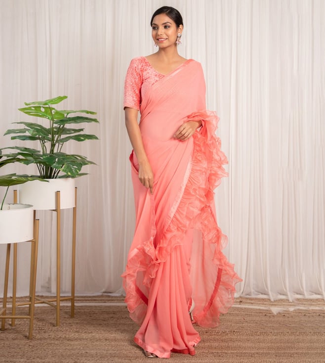 Pink Net Cosmo Pre-draped Ruffle Saree With Blouse by Ridhi Mehra at Aza  Fashions | Saree designs party wear, Party wear sarees, Drape saree