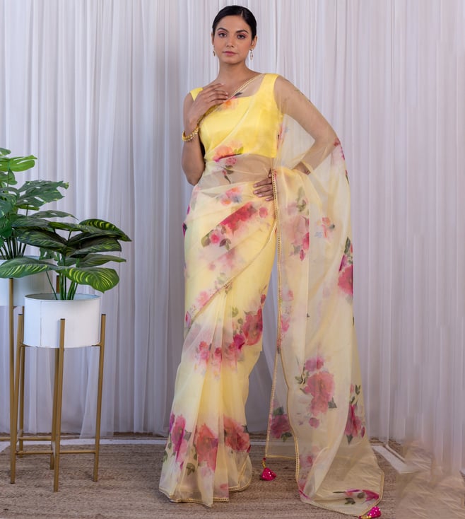 Buy Beige Color Pure Crystal Organza Saree With All Over Floral Embroidery  Work and Stone Work Beautiful Work Saree Party Wear Saree Online in India -  Etsy