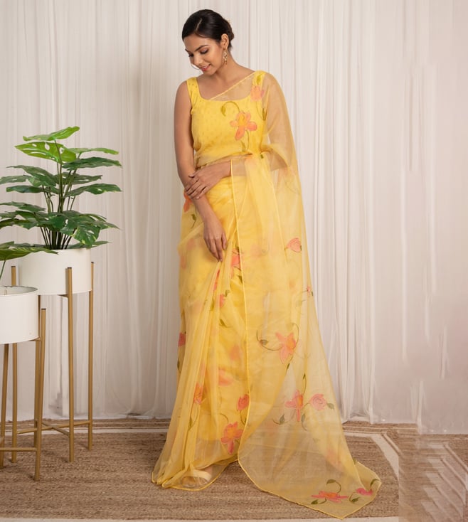 Lime Yellow Floral Organza Saree