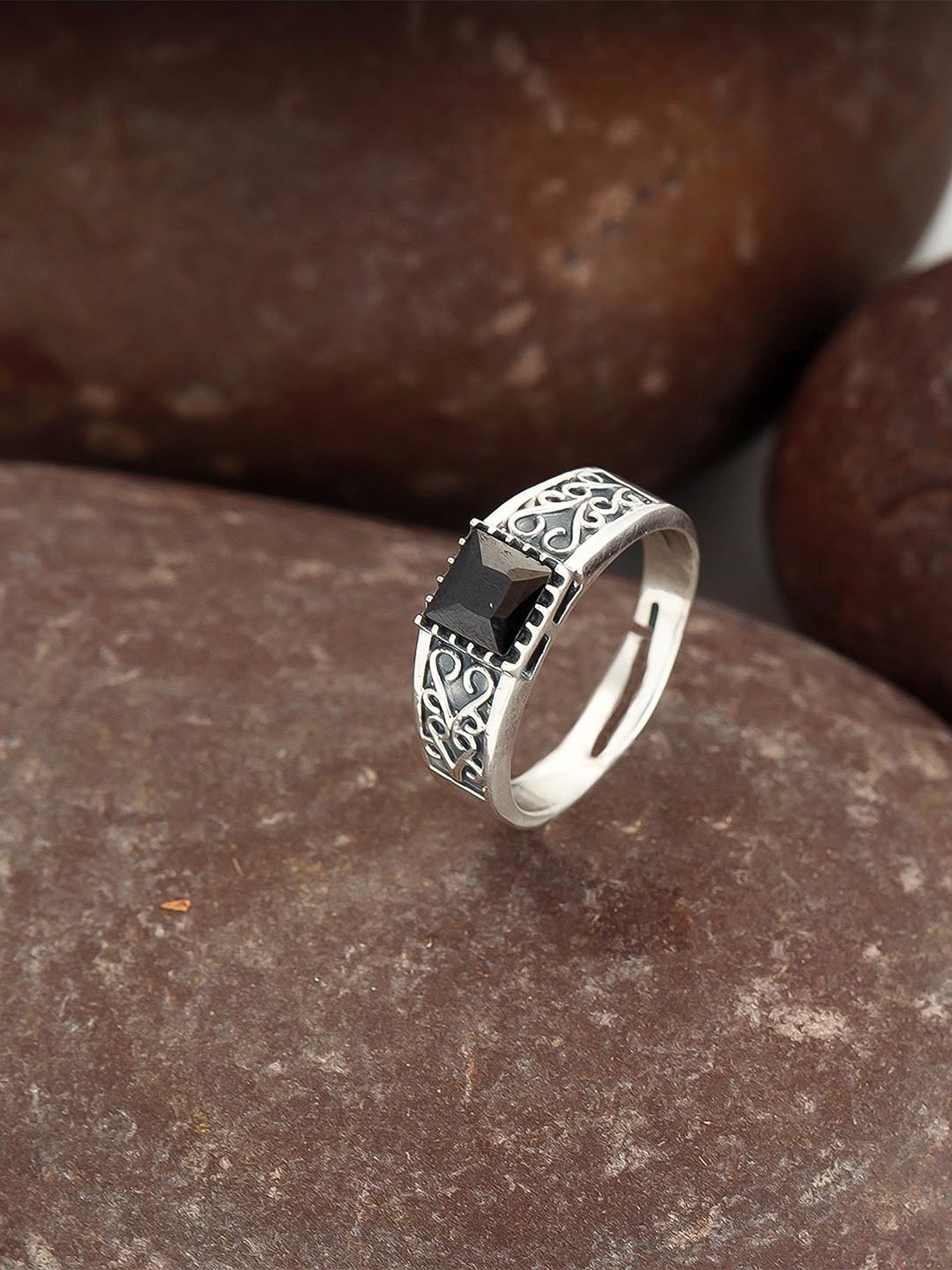 Silver Ring For Men's | Squre Shape Black Plate Adjustable Design |