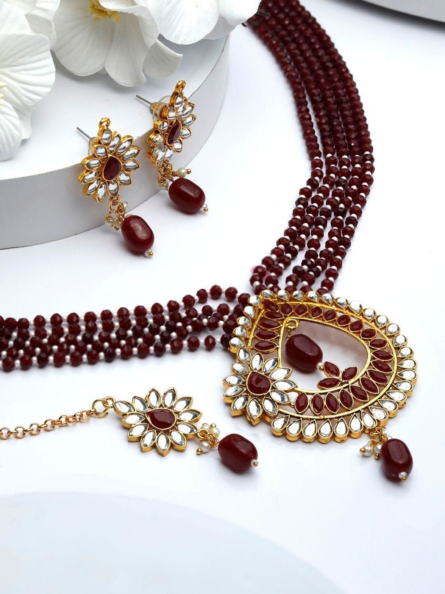 Buy Priyaasi Maroon Necklace, Earring & Maang Tikka Set