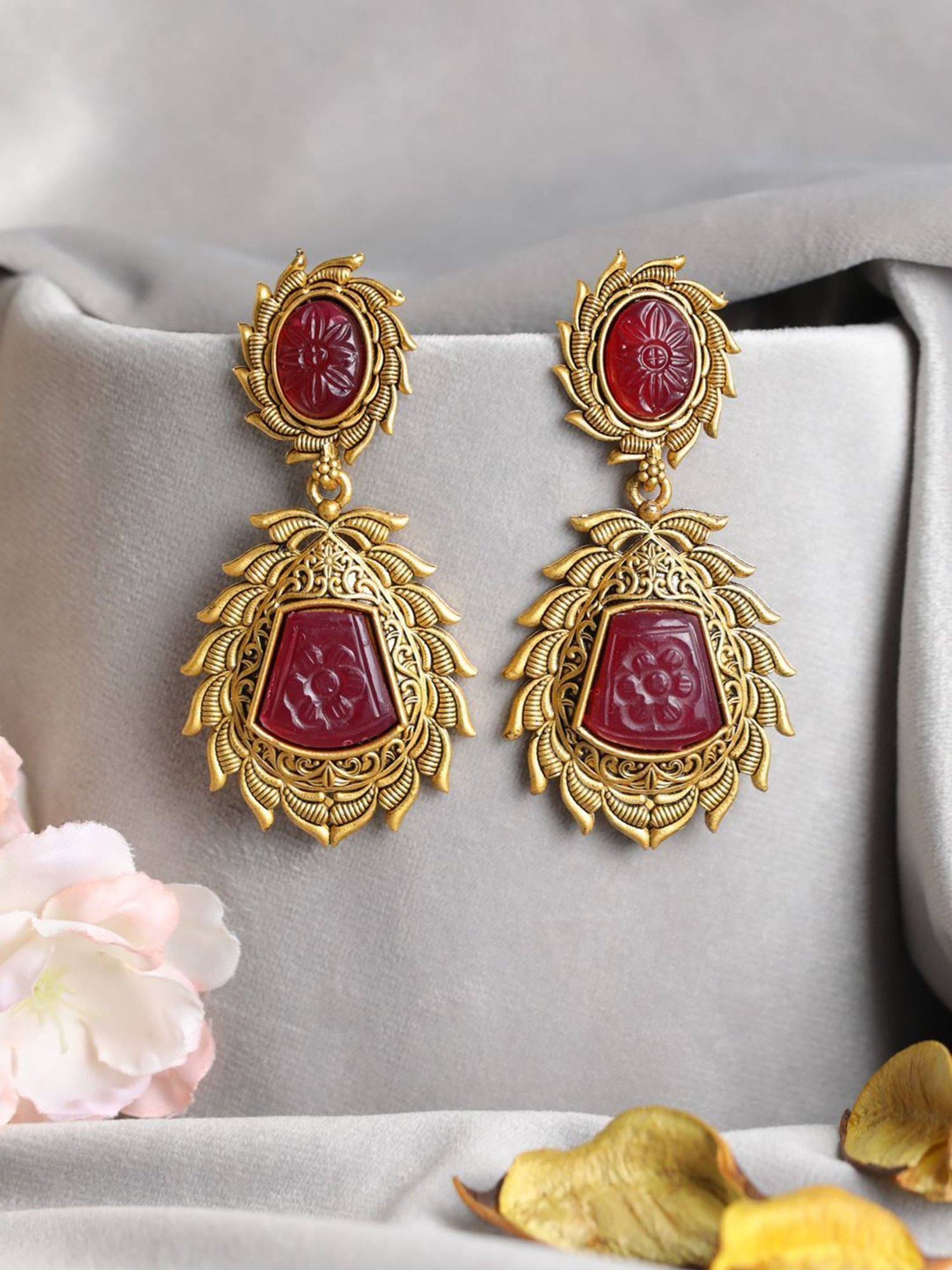 Real Kemp Red Stones With Pearls,Attached Beads Lined Flower,Hanging Earrings  Design 1Gr Gold Necklace Set Buy Online