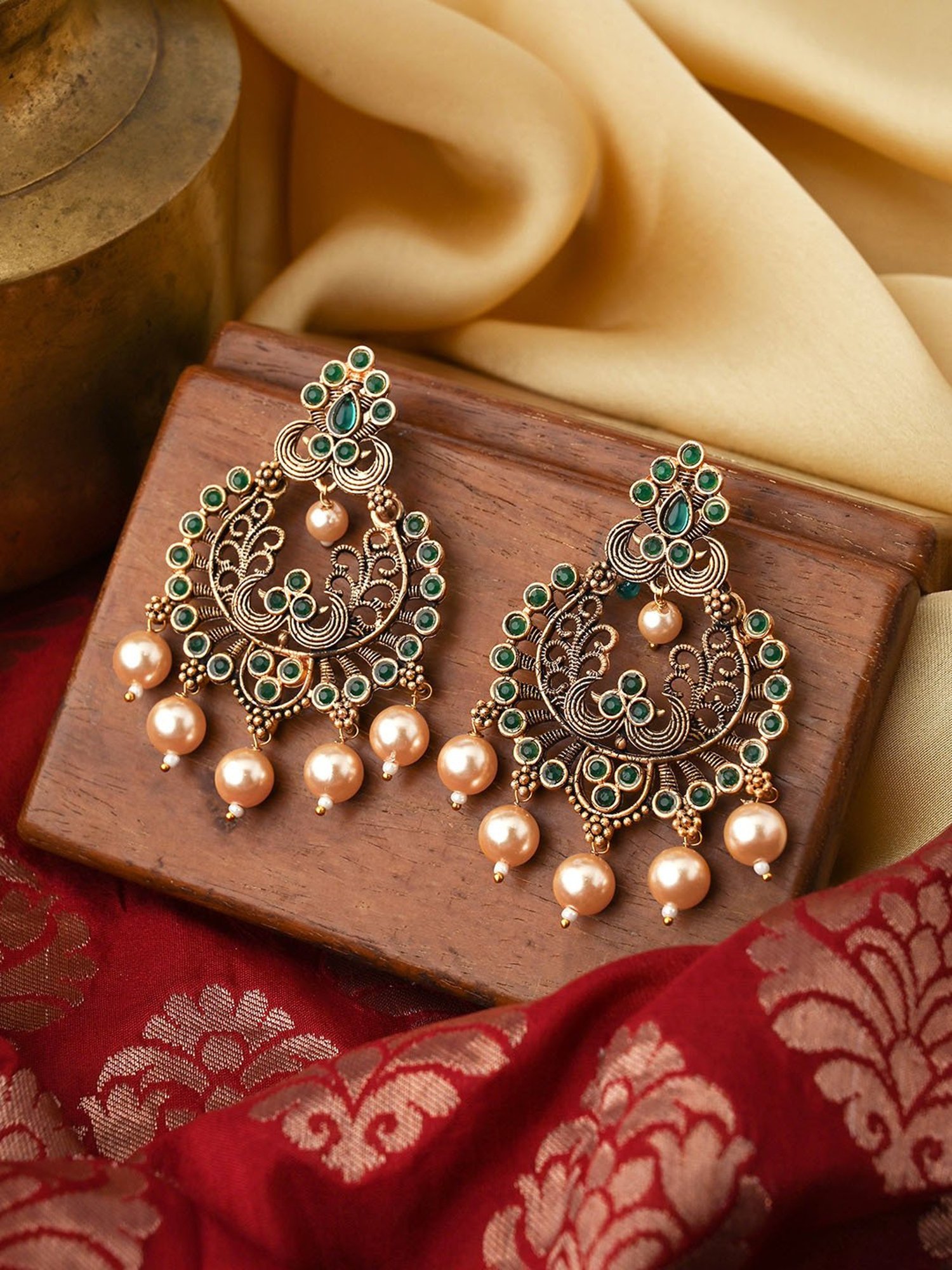 Diamante Rose Gold And Pearl Drop Chandbali Earrings  Curio Cottage