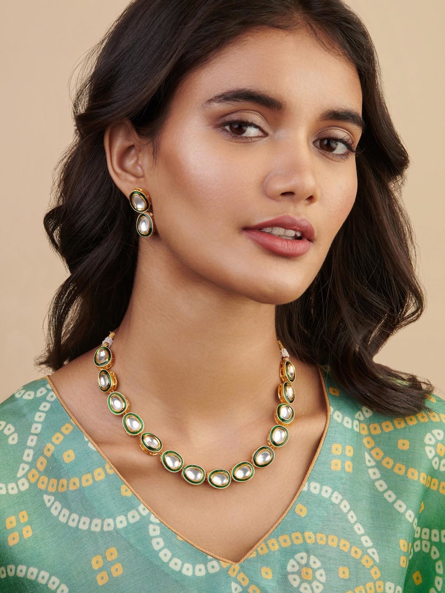 Buy Curio Cottage Meira Green Enamel Kundan String Jewellery Set Online At  Best Price @ Tata CLiQ