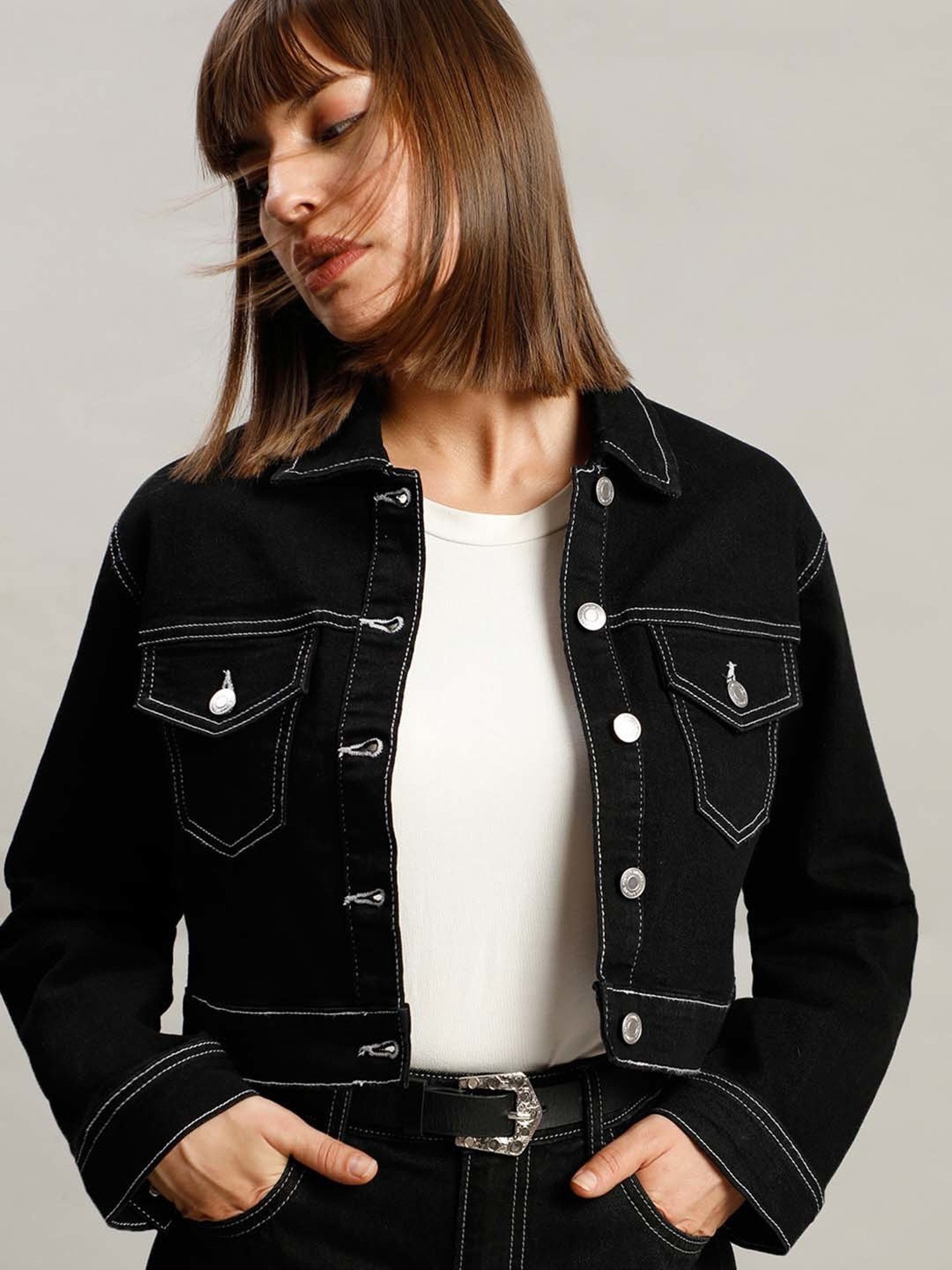 Buy A SOLID BLACK DISTRESSED CROPPED DENIM JACKET for Women Online in India