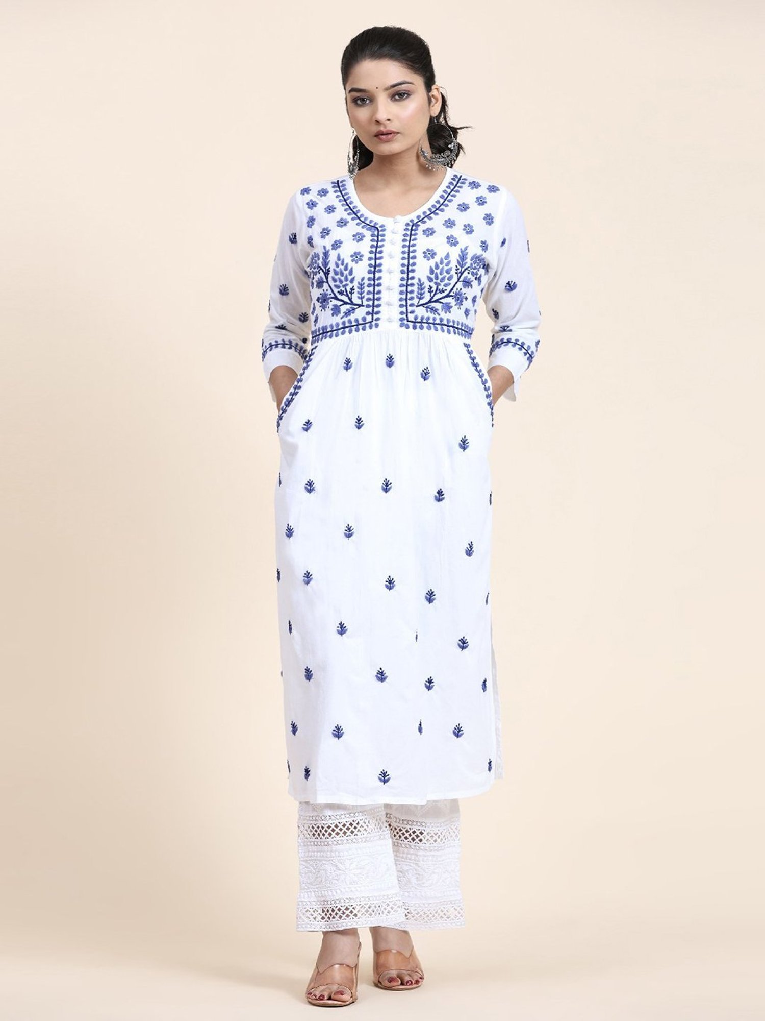Buy Noor HOK Chikankari kurti for Women- White With Blue for Women Online @  Tata CLiQ Luxury