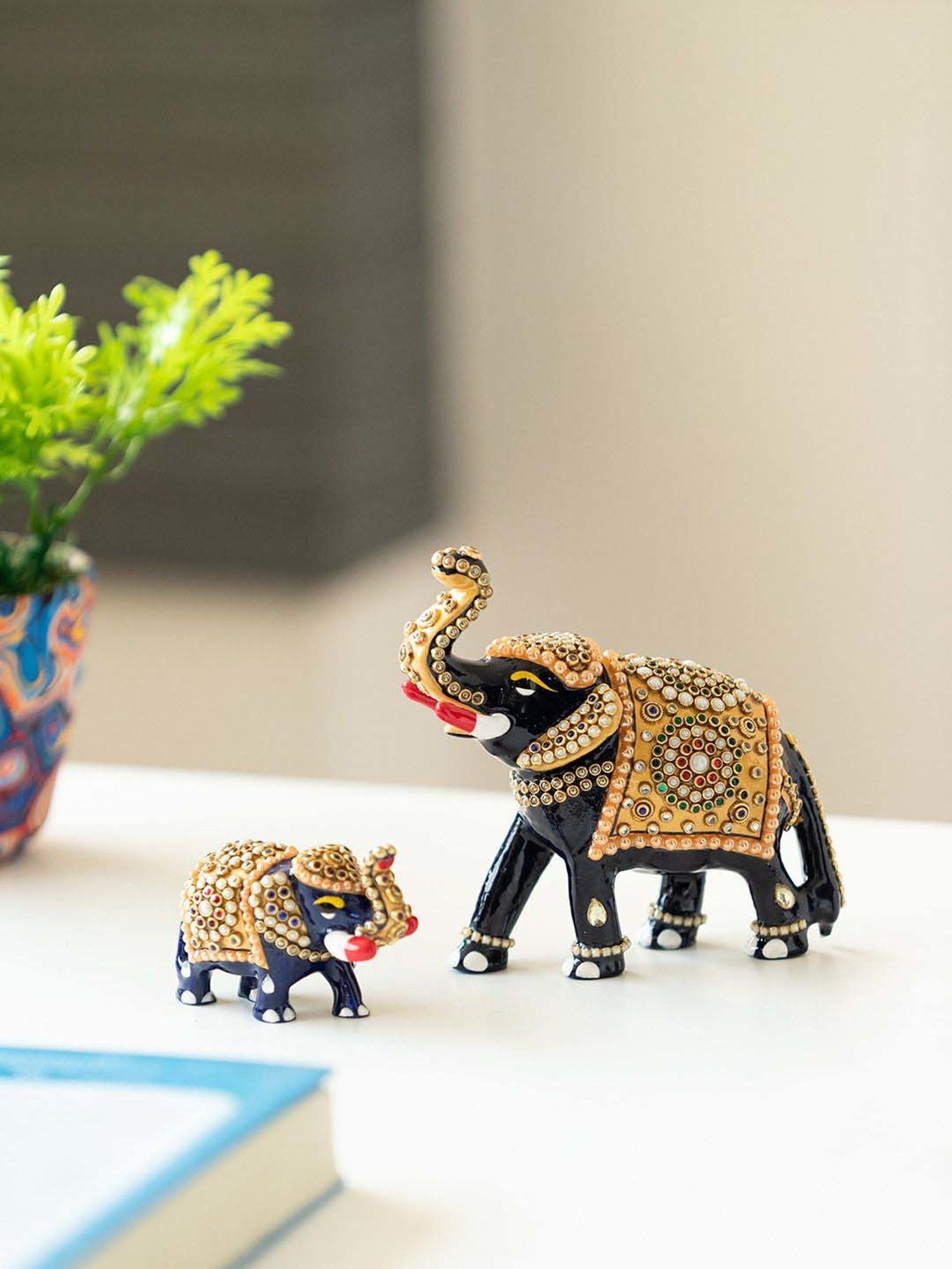 Buy ExclusiveLane Royal Blue & Golden Elephant Family Showpiece - Set of 2  at Best Price @ Tata CLiQ