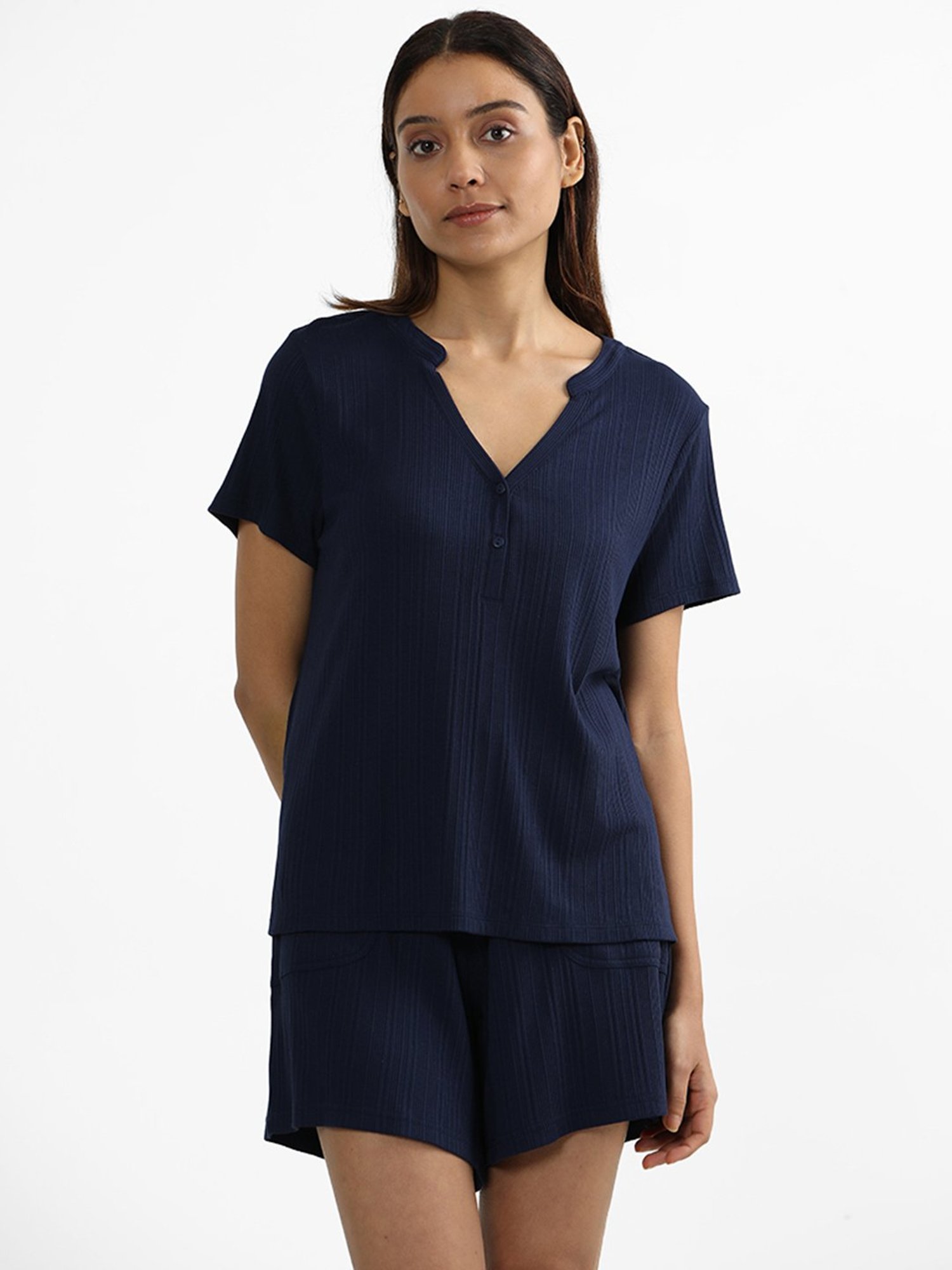 Buy Wunderlove Solid Blue V-Neck Top from Westside