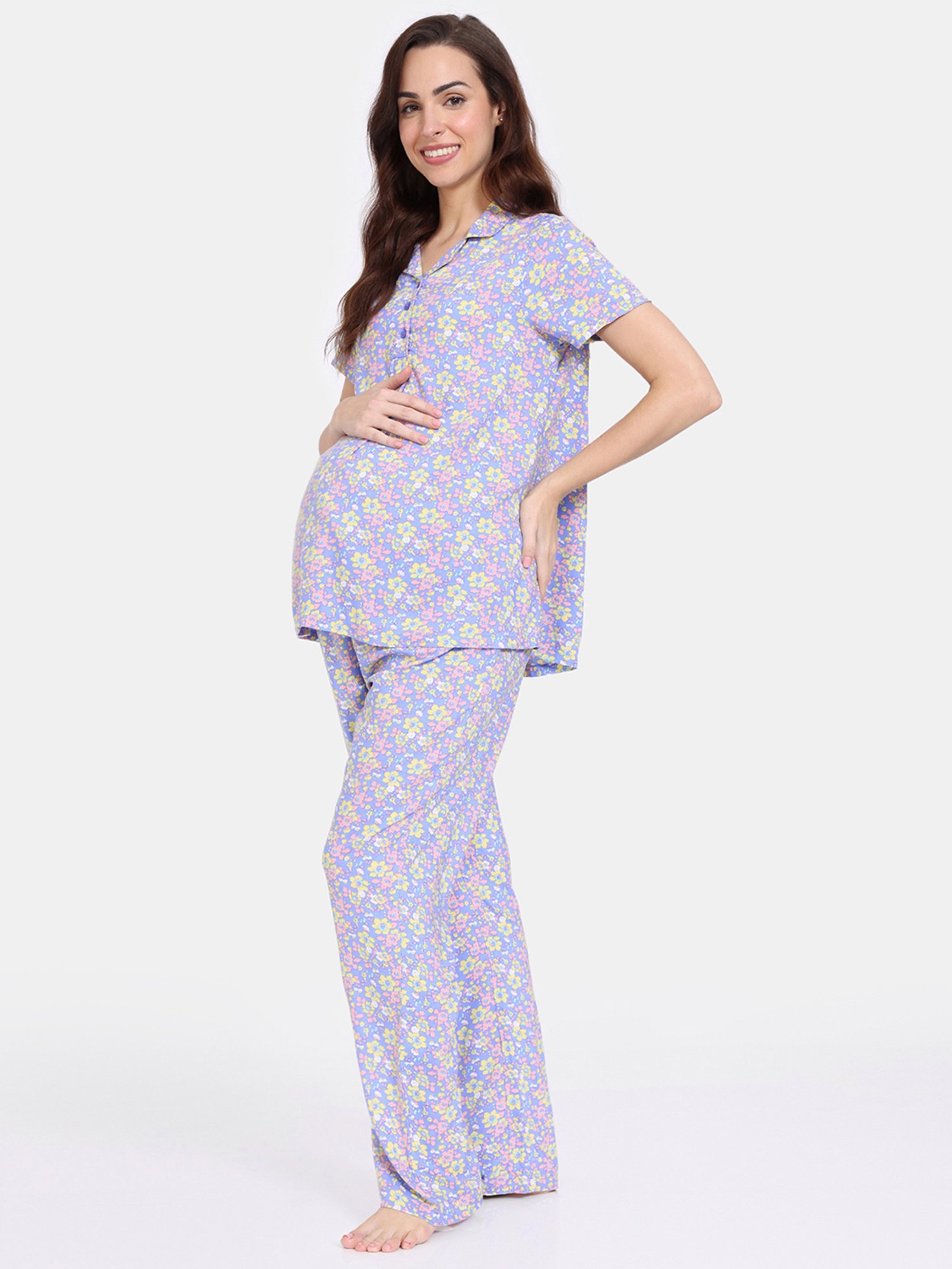 Zivame Blue Printed Maternity Shirt With Pyjamas
