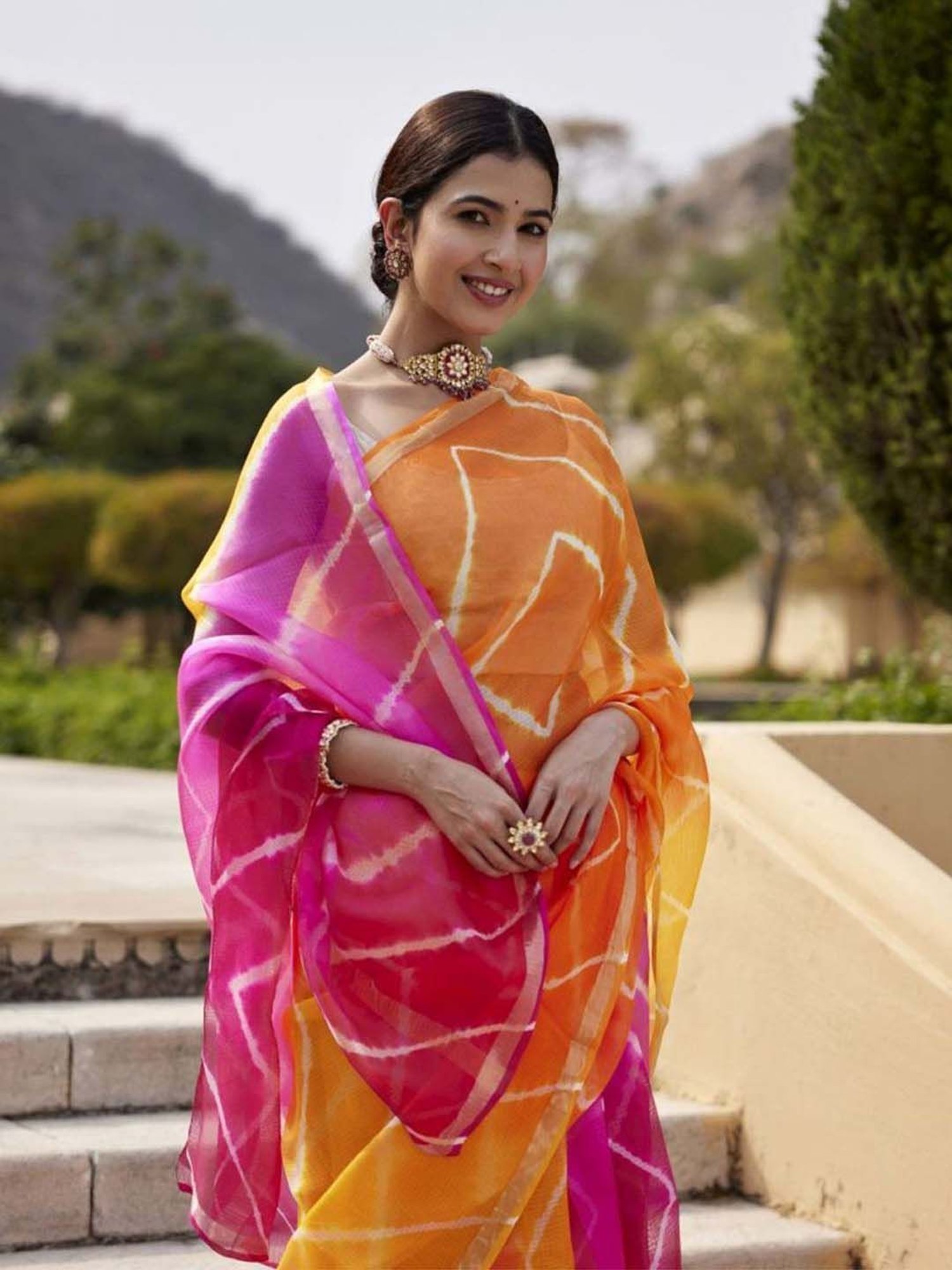 Two Part Georgette Saree in Orange and Ombre Pink : SJN6597