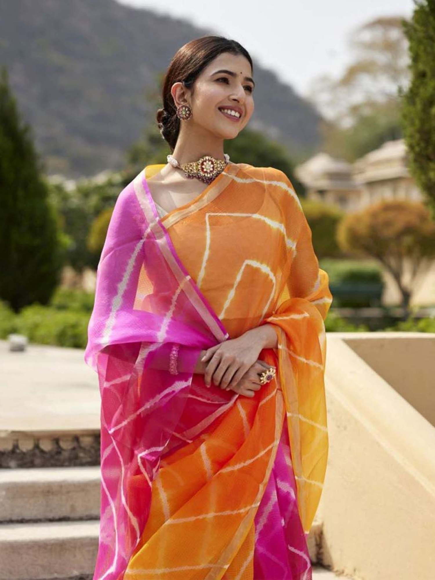 Buy Hot Pink and Orange Traditional Designer Saree For Casual Online