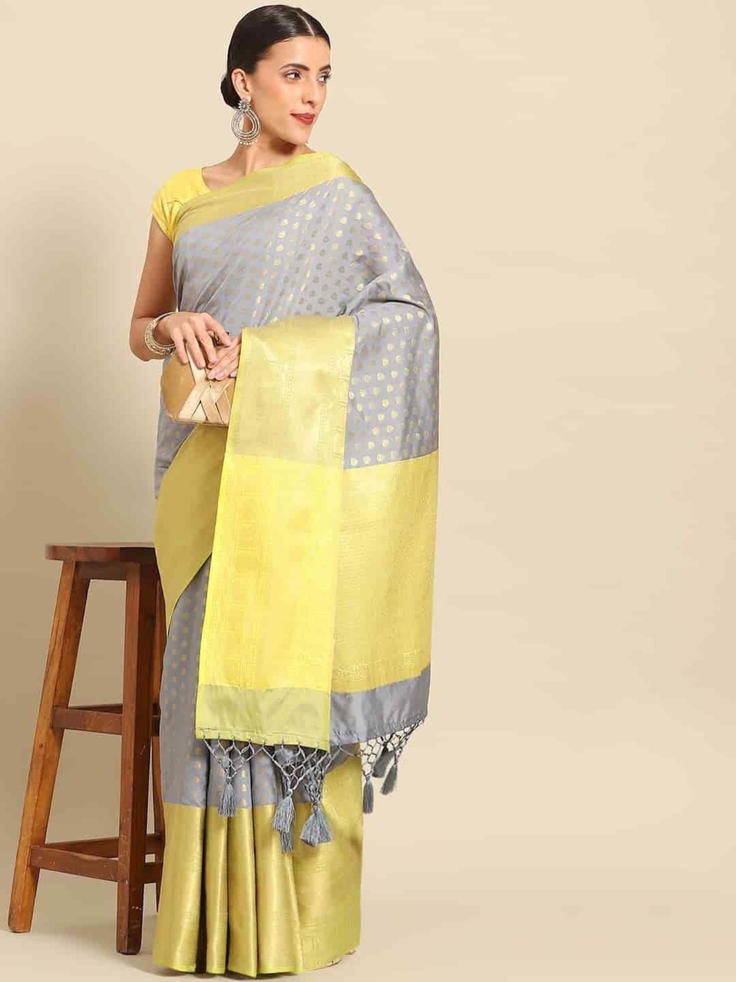 Pure Linen Digital Print Grey And Yellow Colour Saree, Wedding Wear