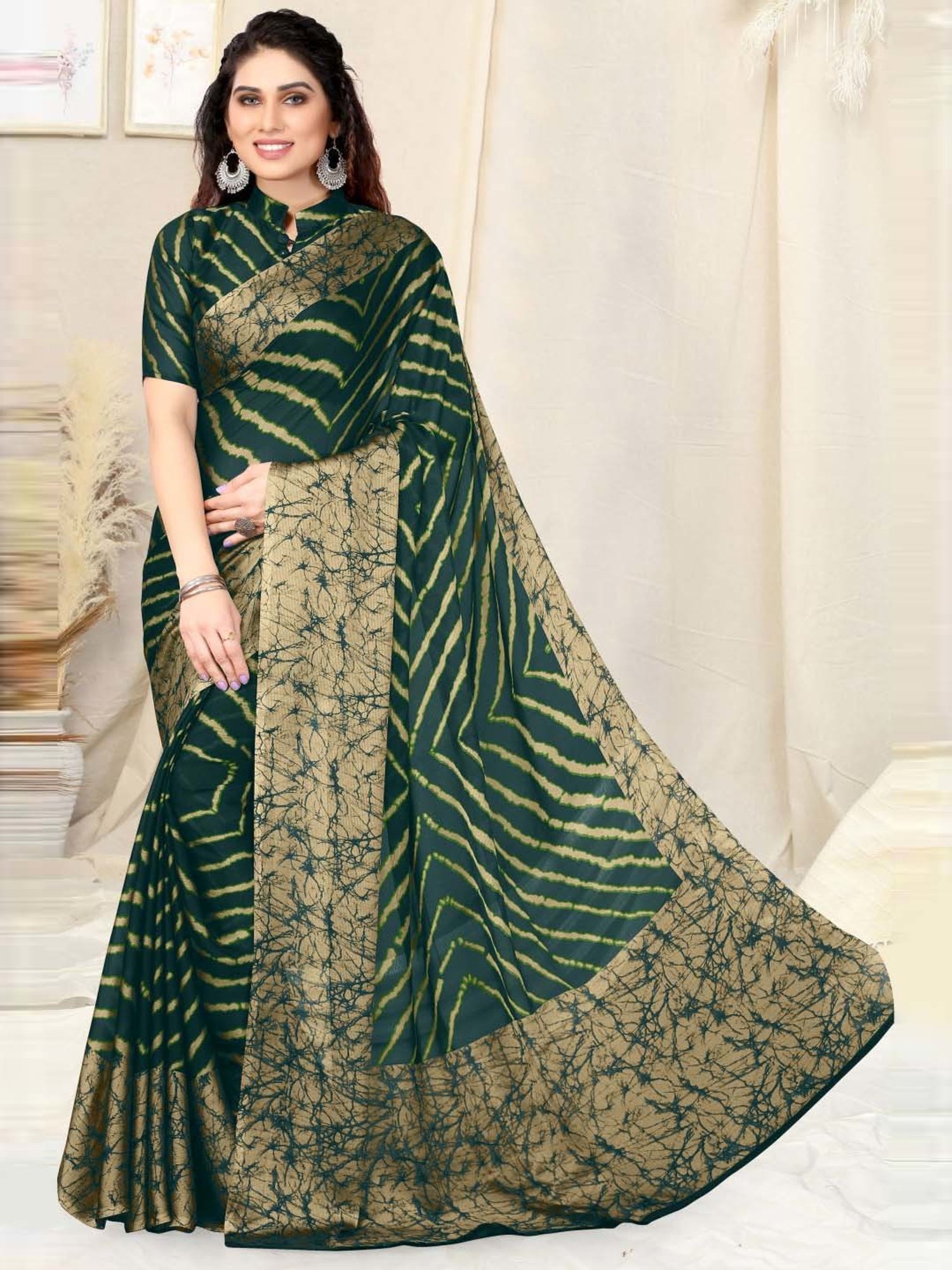 Adorable Dark Green Printed Georgette Wedding Wear Saree With Blouse