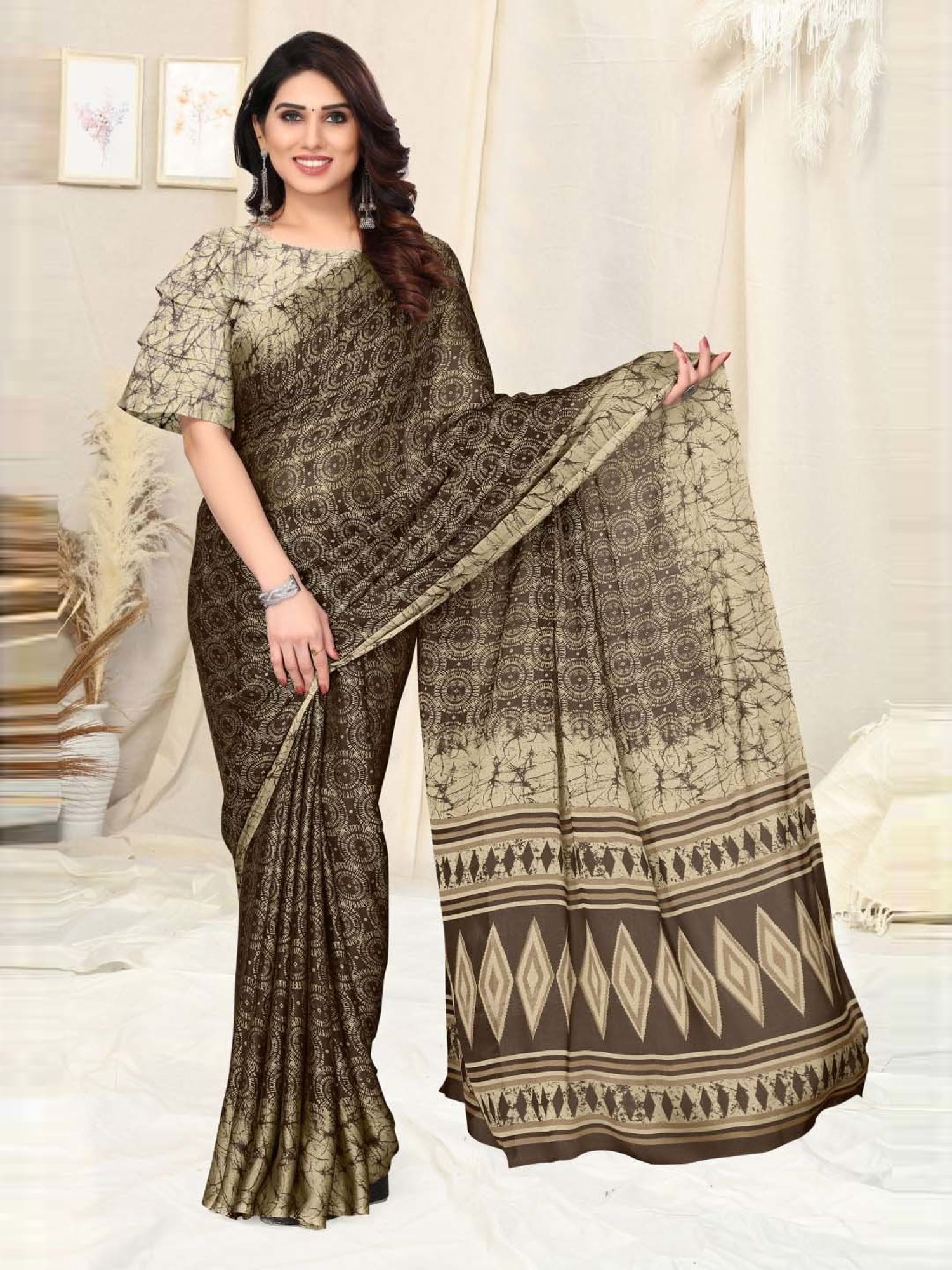 MIRCHI FASHION Brown Printed Saree With Unstitched Blouse