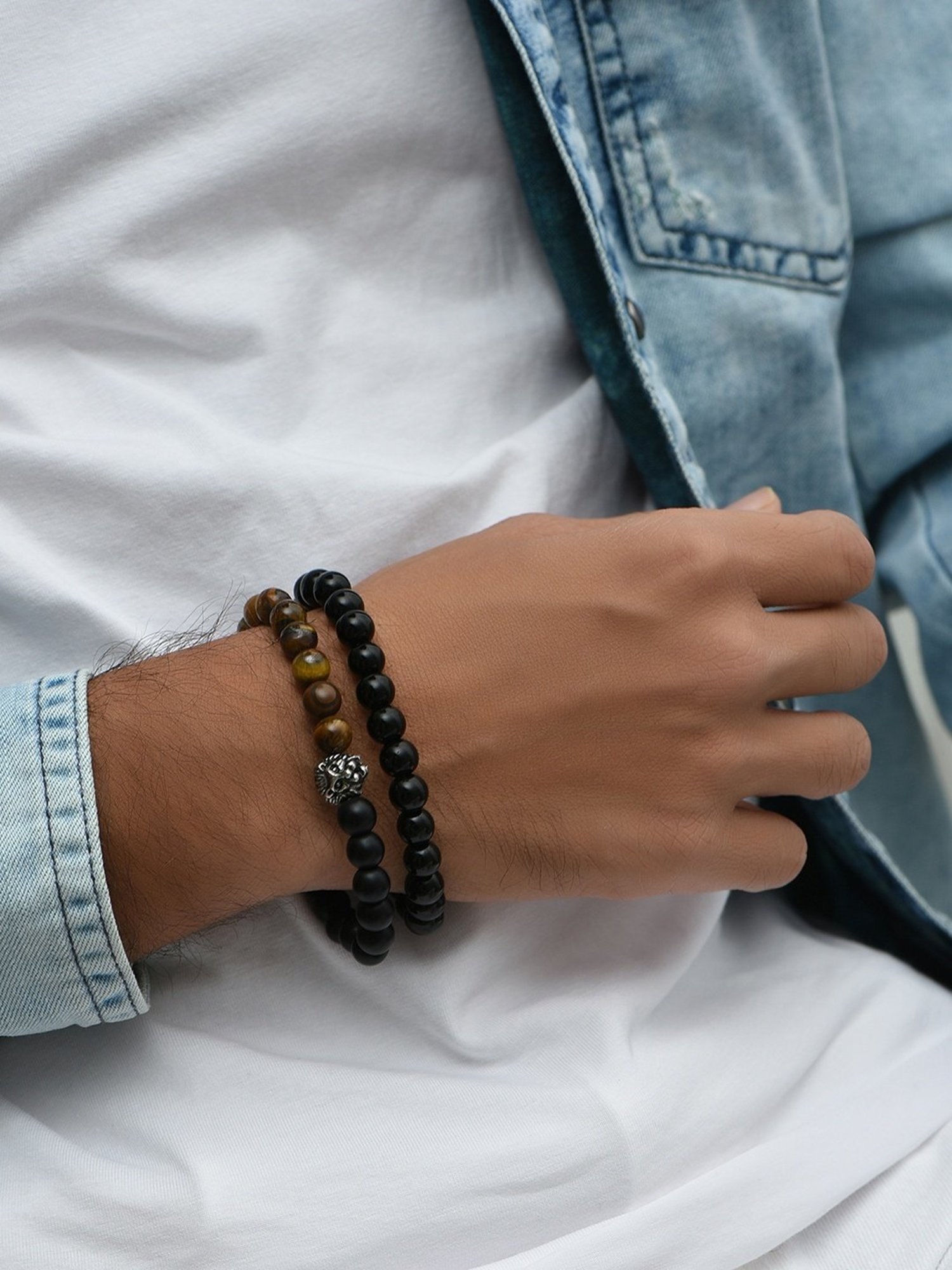 Shop by The Bro Code Blue and Brown Multi Beads with Stretchy Elastic  Adjustable Set of 3 Bracelet For Men