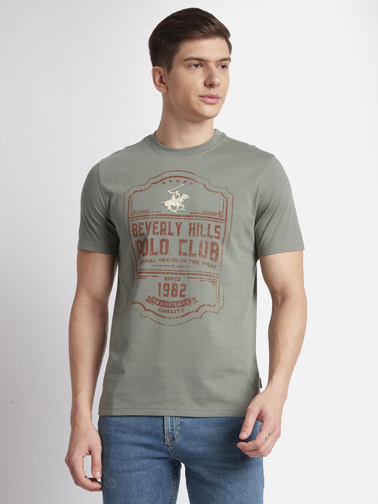 Beverly Hills Polo Club Green Regular Fit Pure Cotton Crew T Shirt