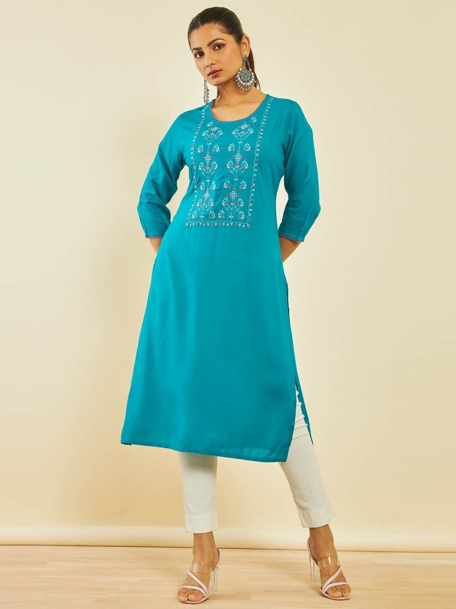 Turquoise Color Georgette And Crepe Kurti With Bottom