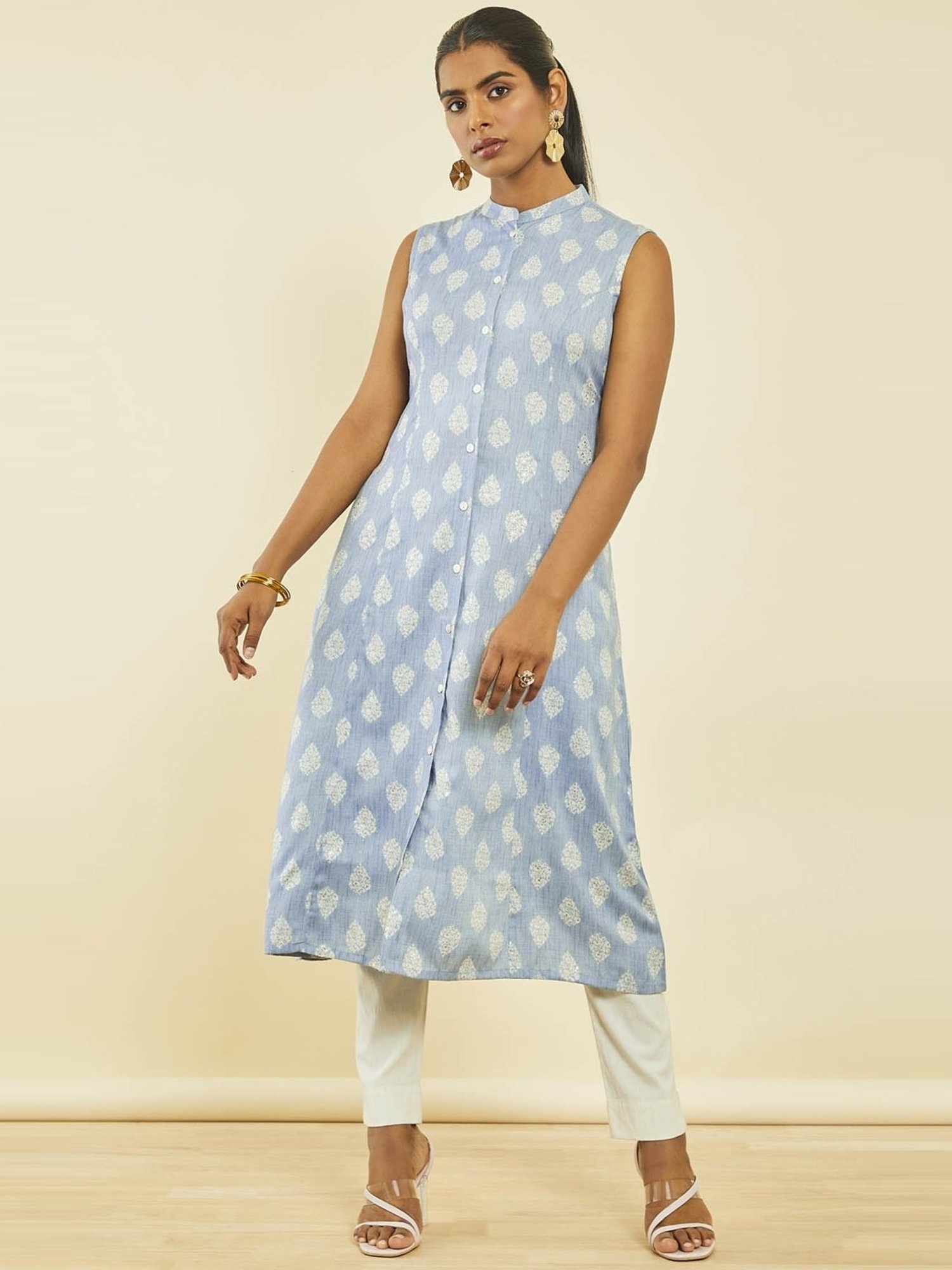 Shop online our Blue Cotton Anarkali Kurta With Printed Motifs And Gota  Patti for women at Soch India
