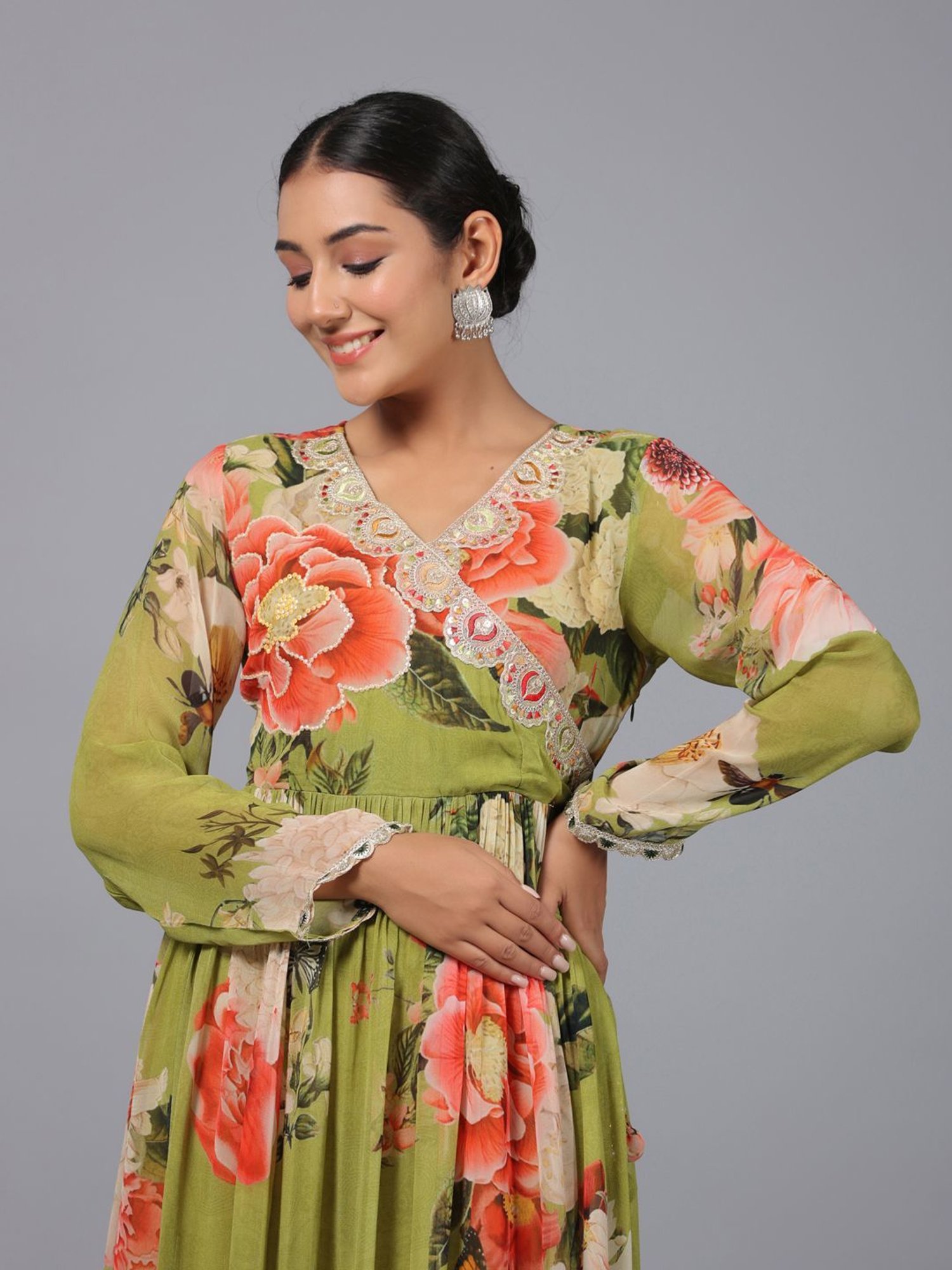 Juniper Green Floral Printed Georgette Lacy Maxi Dress