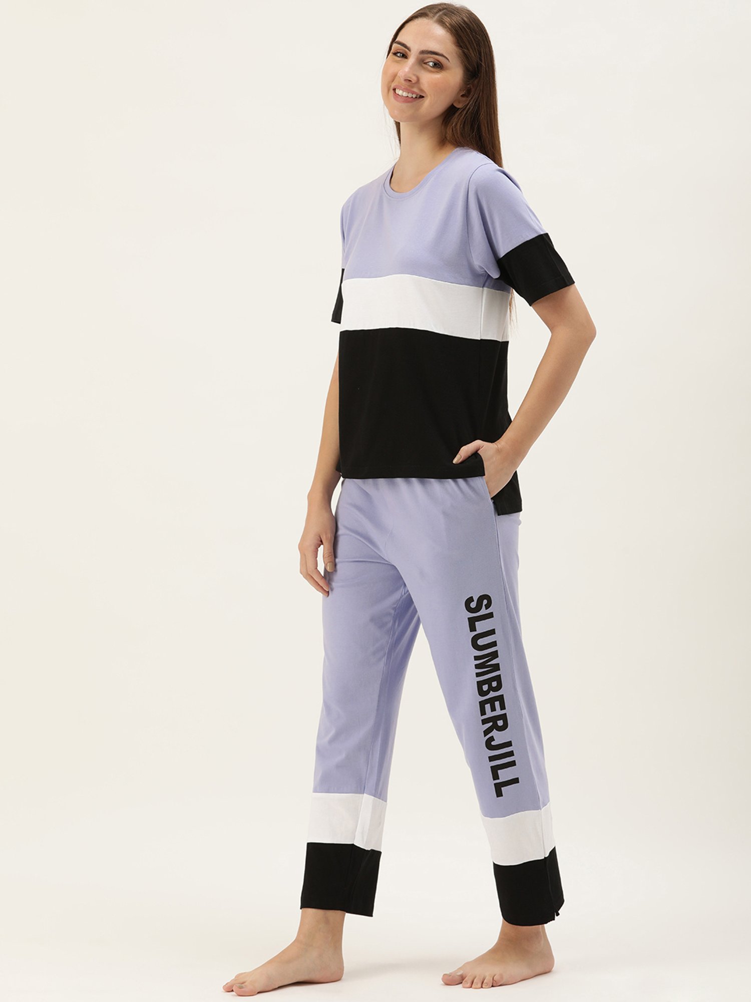 Buy Slumber Jill Purple & Black Color-Block T-Shirt With Lounge Pants for  Women's Online @ Tata CLiQ