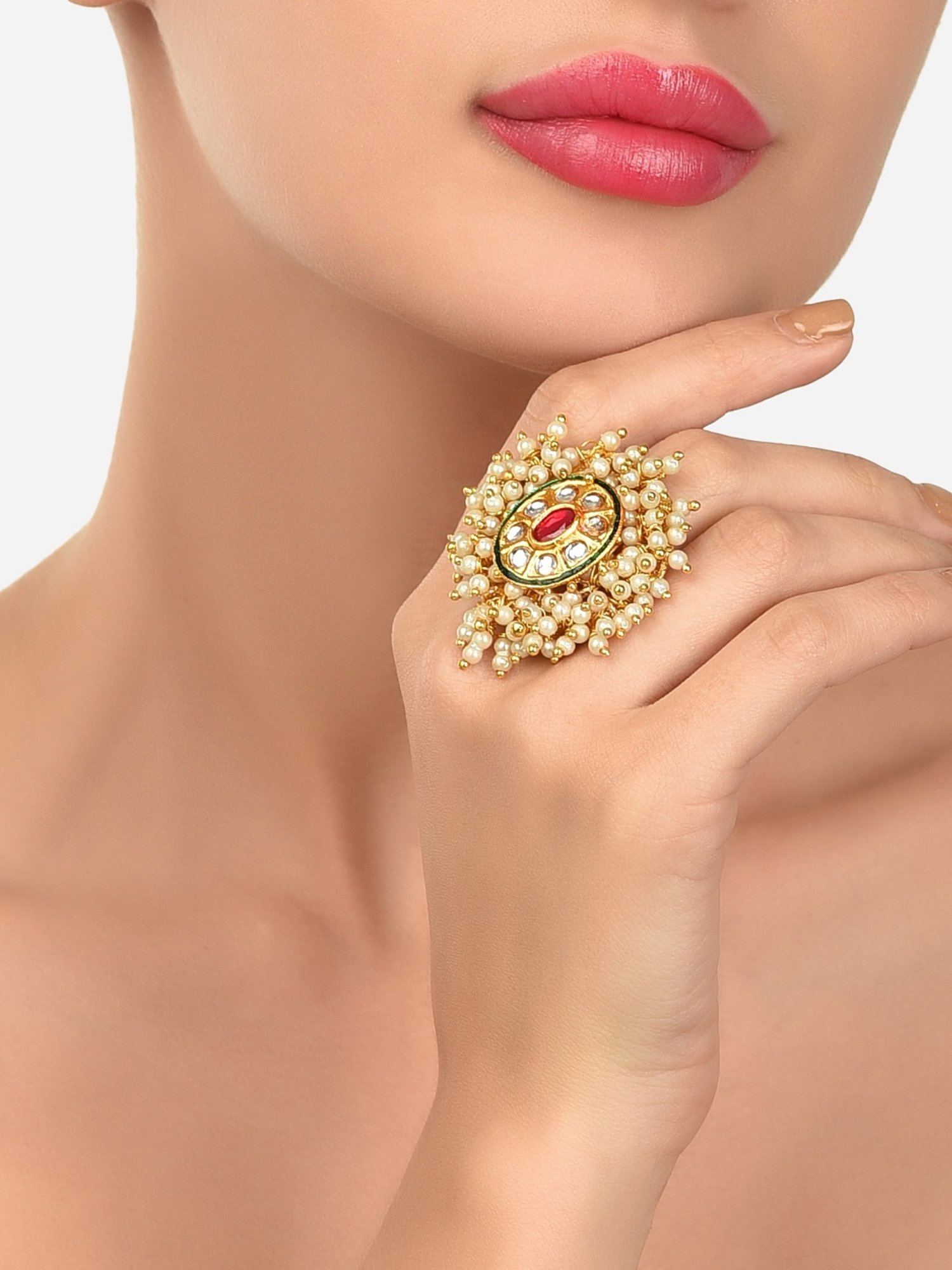 ZAVERI PEARLS Antique Gold Tone Traditional Kundan Jhumki Earring & Ring  Set For Women-ZPFK13163