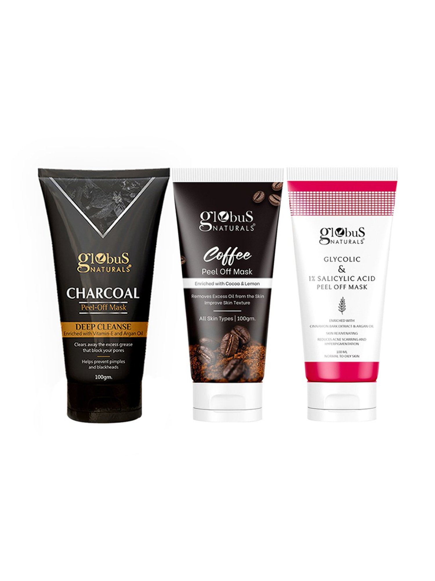 Buy Globus Naturals Charcoal, Coffee and Glycolic Peel Off Mask - Set of 3  for Online @ Tata CLiQ