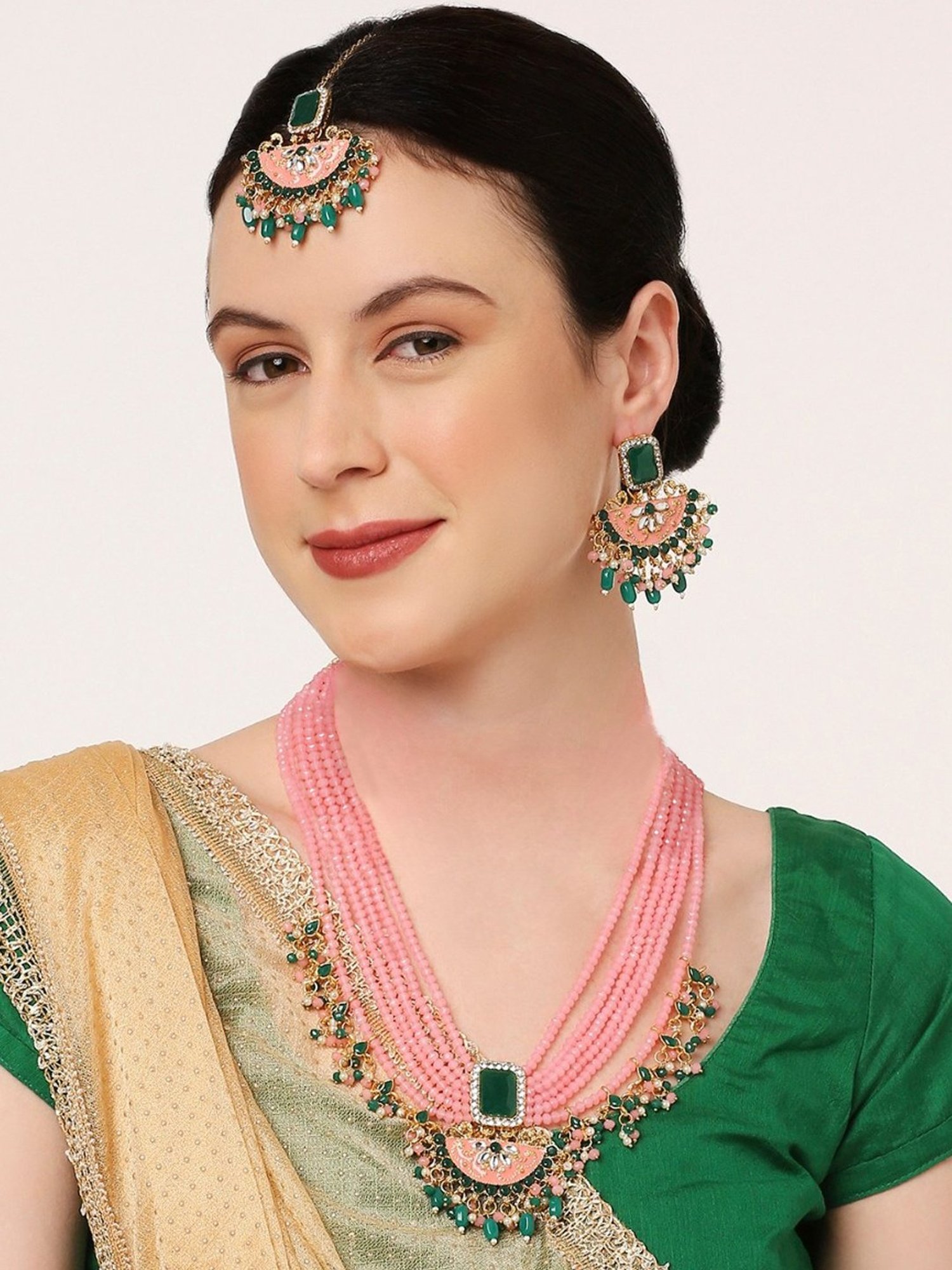 Shoshaa Gold Plated Handcrafted Kundan Green Jewellery Set