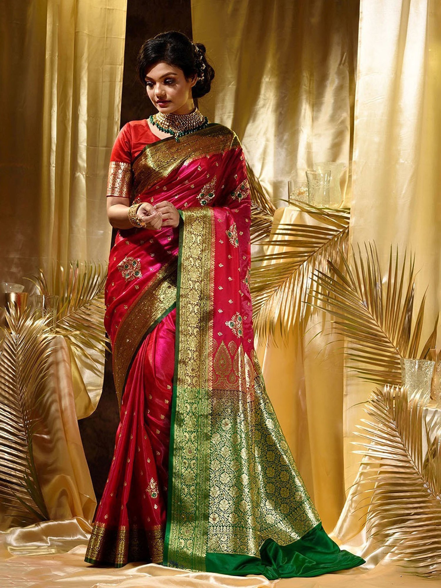 Banarasee Organza Mix Saree With Buti Design & Broad Meenakari Border-