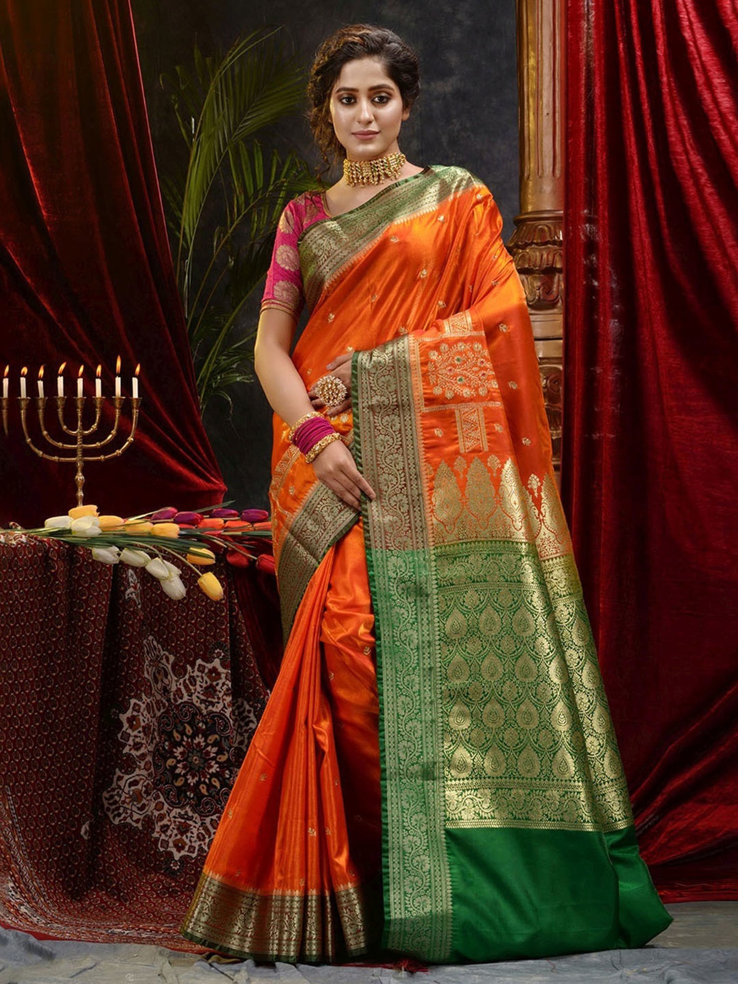 Buy Orange and Green Silk Saree With Raw Silk Blouse Online - SARV01466 |  Andaaz Fashion