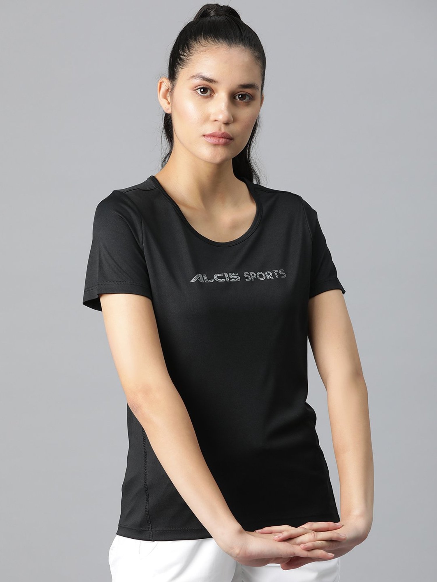Buy Alcis Women Black Slim Fit T-shirt online