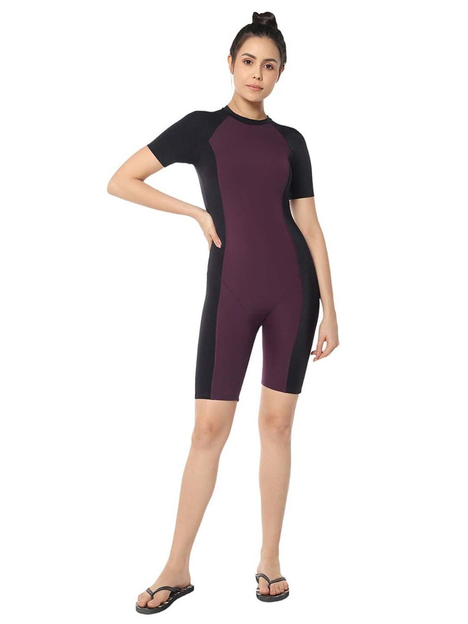 Buy Amante Purple & Black Color-Block Padded Swim Suit for Women