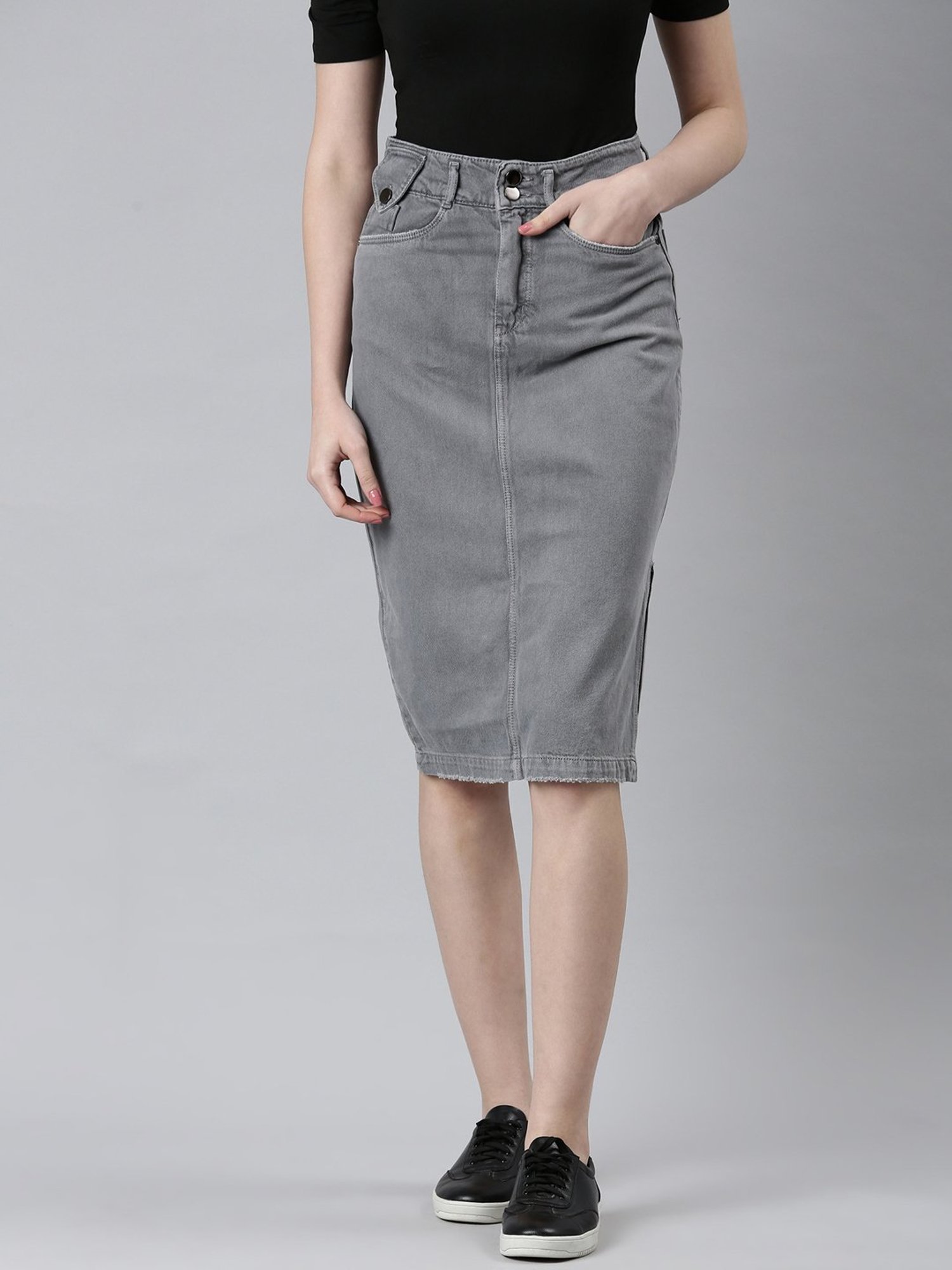 Double slit denim skirt - Grey - Women - Gina Tricot