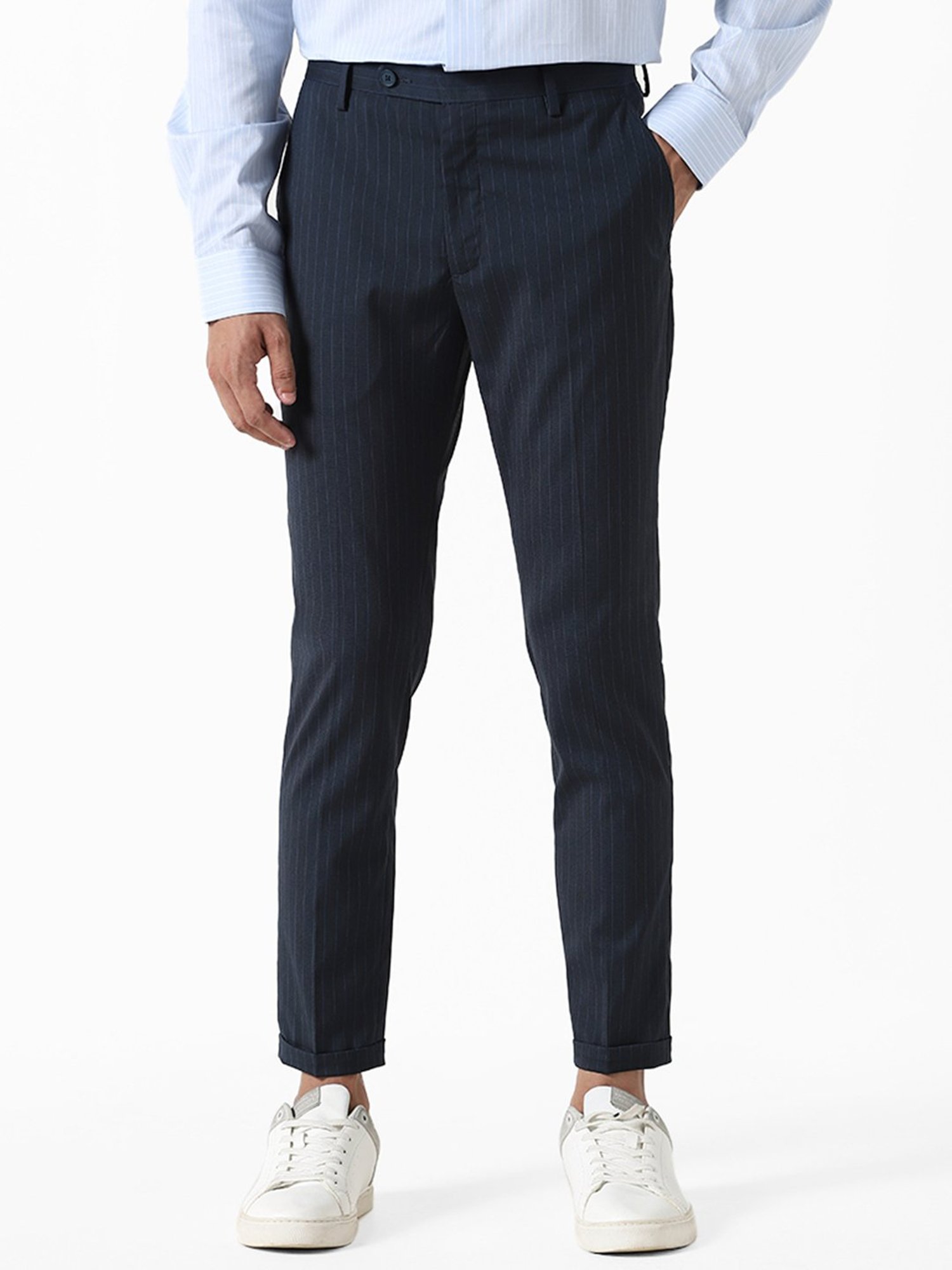 Buy WES Formals Navy Carrot-Fit Trousers from Westside