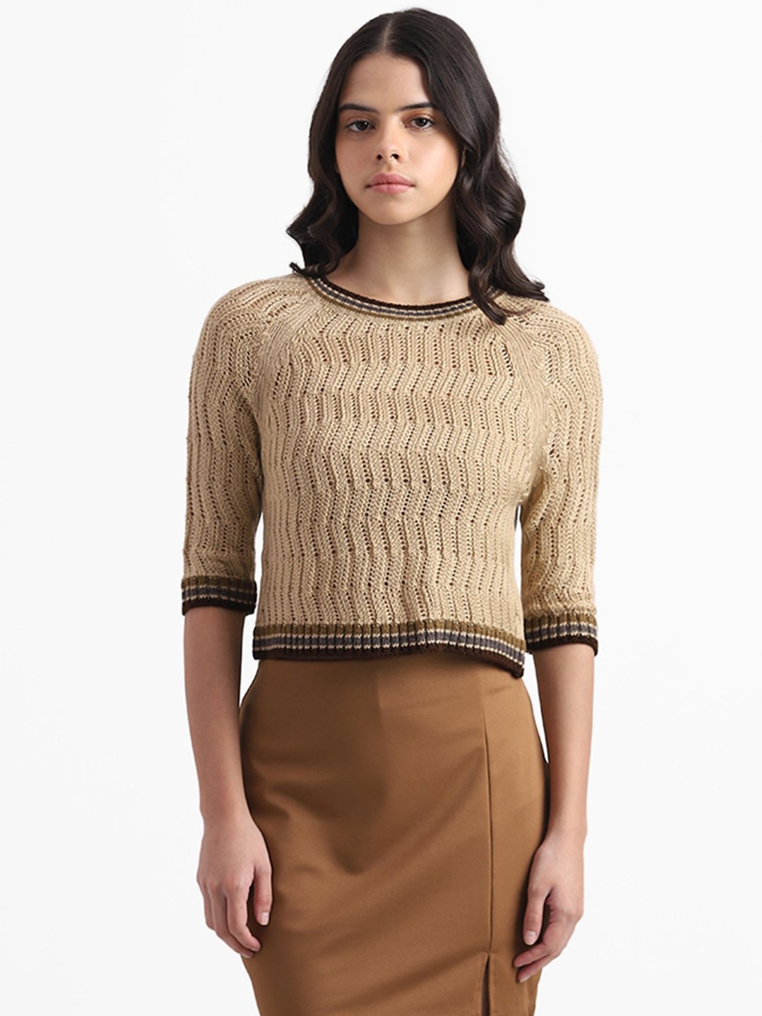 Nuon by Westside Beige Crochet Knit Sweater