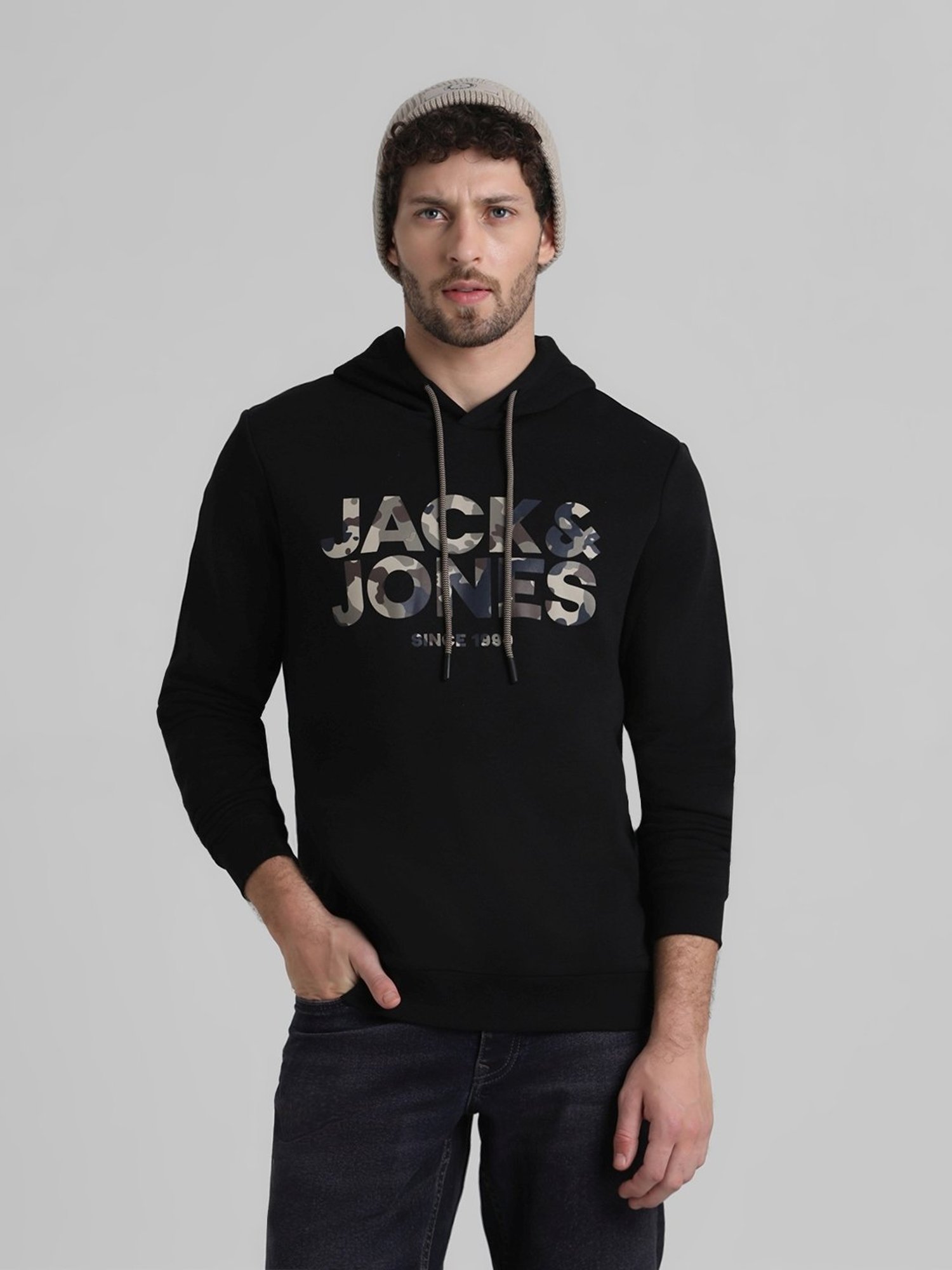 Buy Jack Jones Black Regular Fit Printed Hooded Sweatshirt for