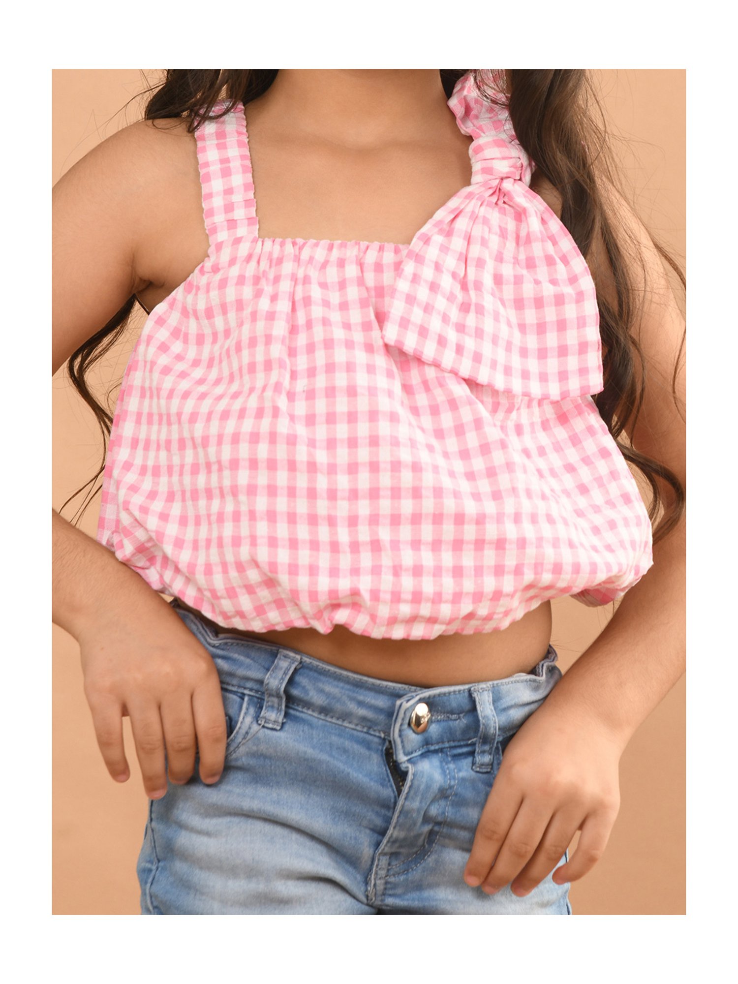 LilPicks Kids Pink & White Checks Crop Top