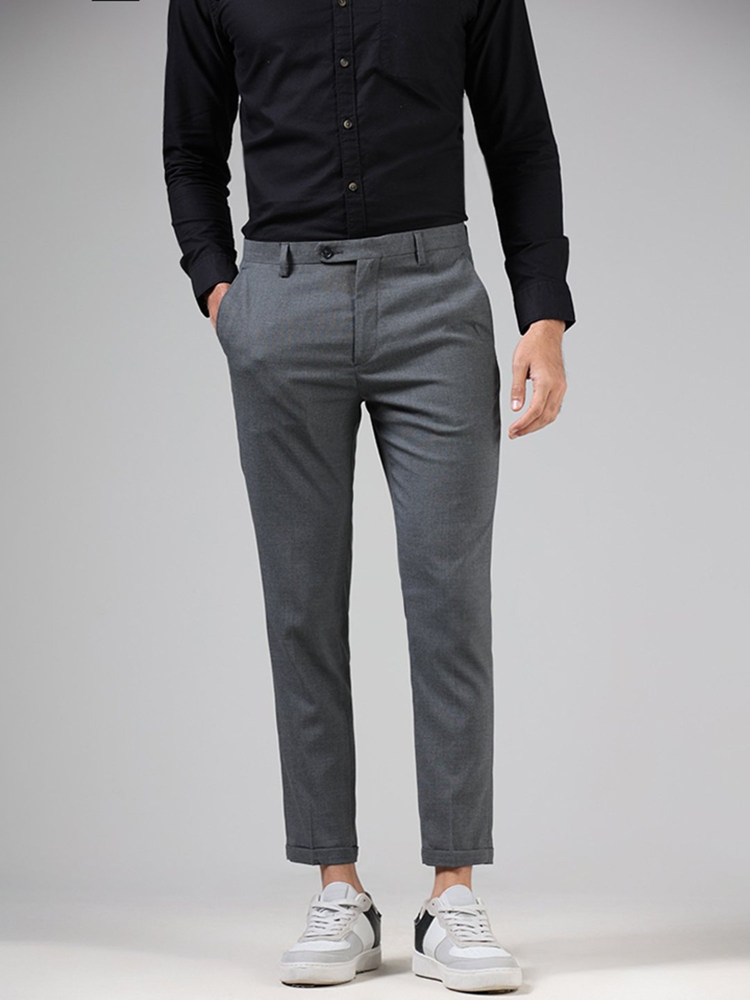 Buy WES Formals Black Checkered Carrot-Fit Trousers from Westside