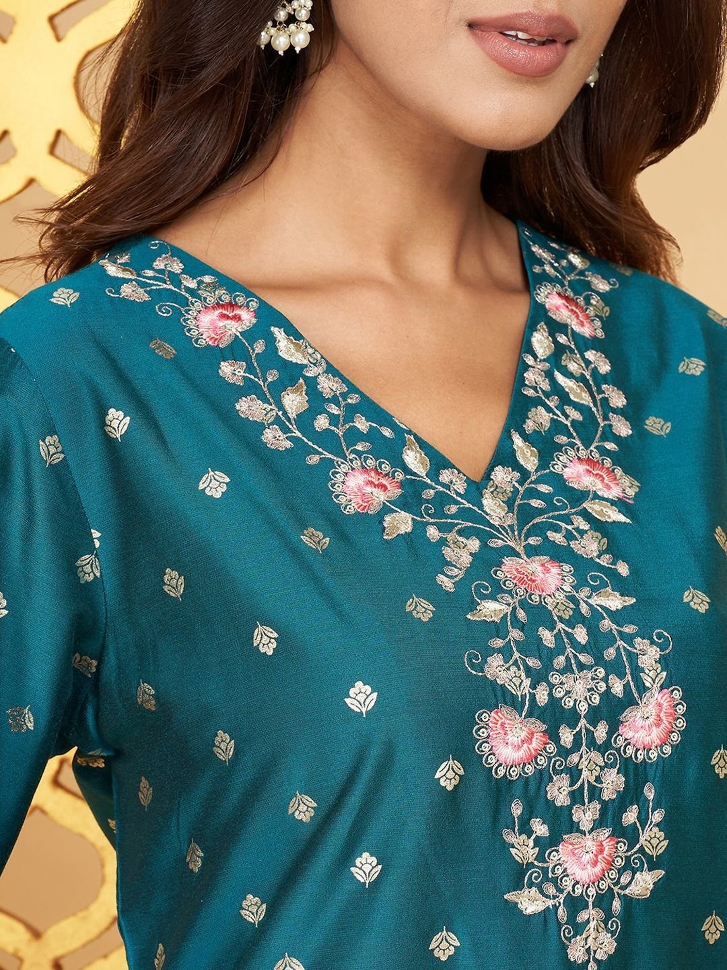 RANGMANCH BY PANTALOONS Teal Blue Embroidered Ethnic Midi Dress -  Absolutely Desi