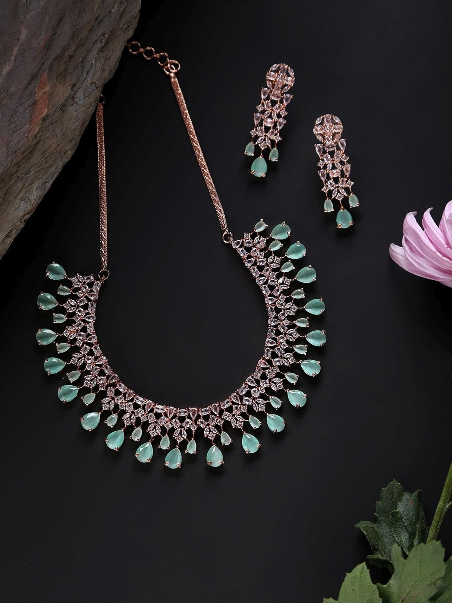 Buy Ratnavali Jewels Rose Gold Plated Mint Green American Diamond Necklace  Jewellery Set online