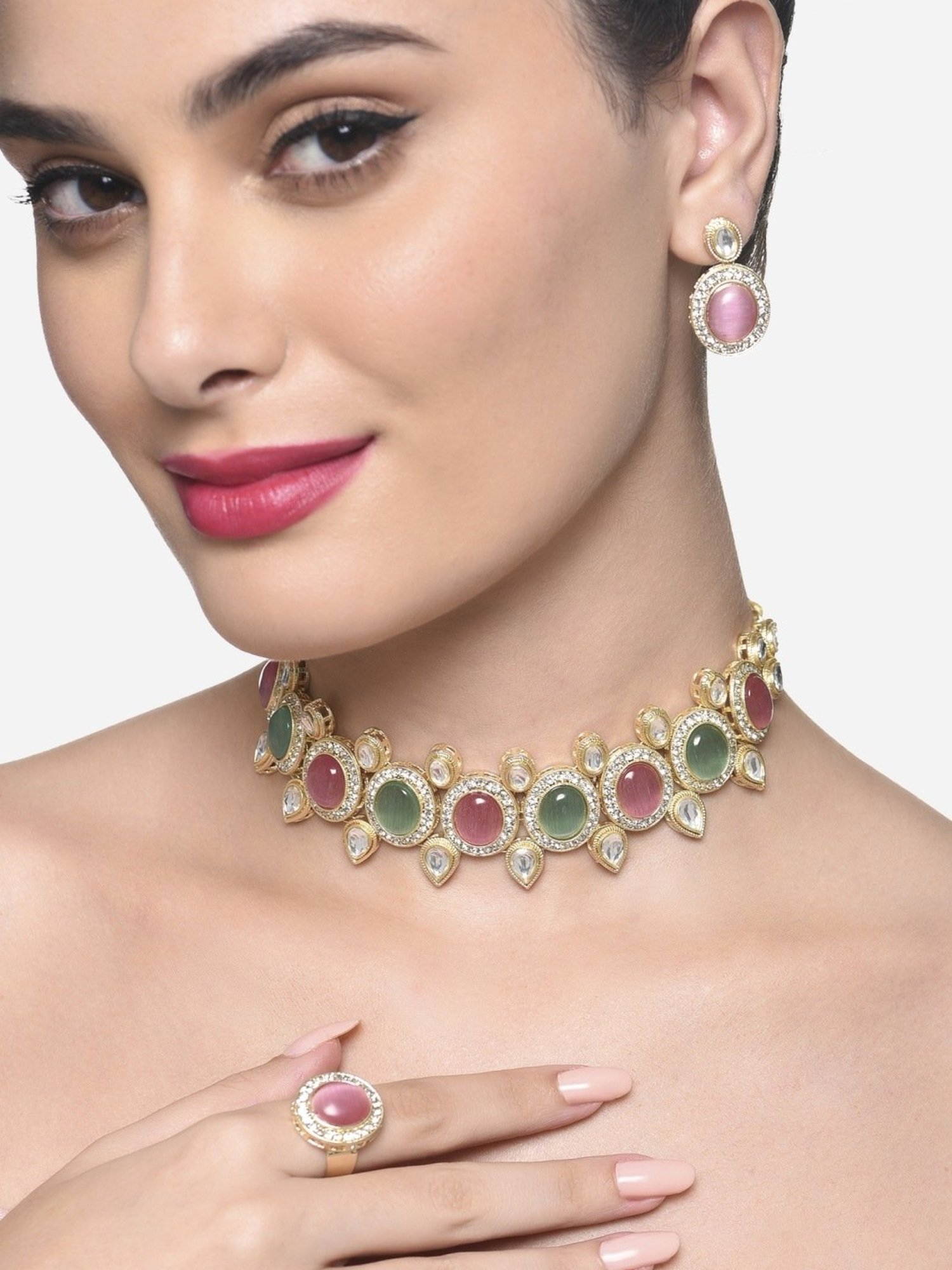 22K Gold Choker Necklace & Drop Earrings Set with Cz , Ruby , Emeralds &  South Sea Pearls (Temple Jewellery) - 235-GS3796 in 90.950 Grams