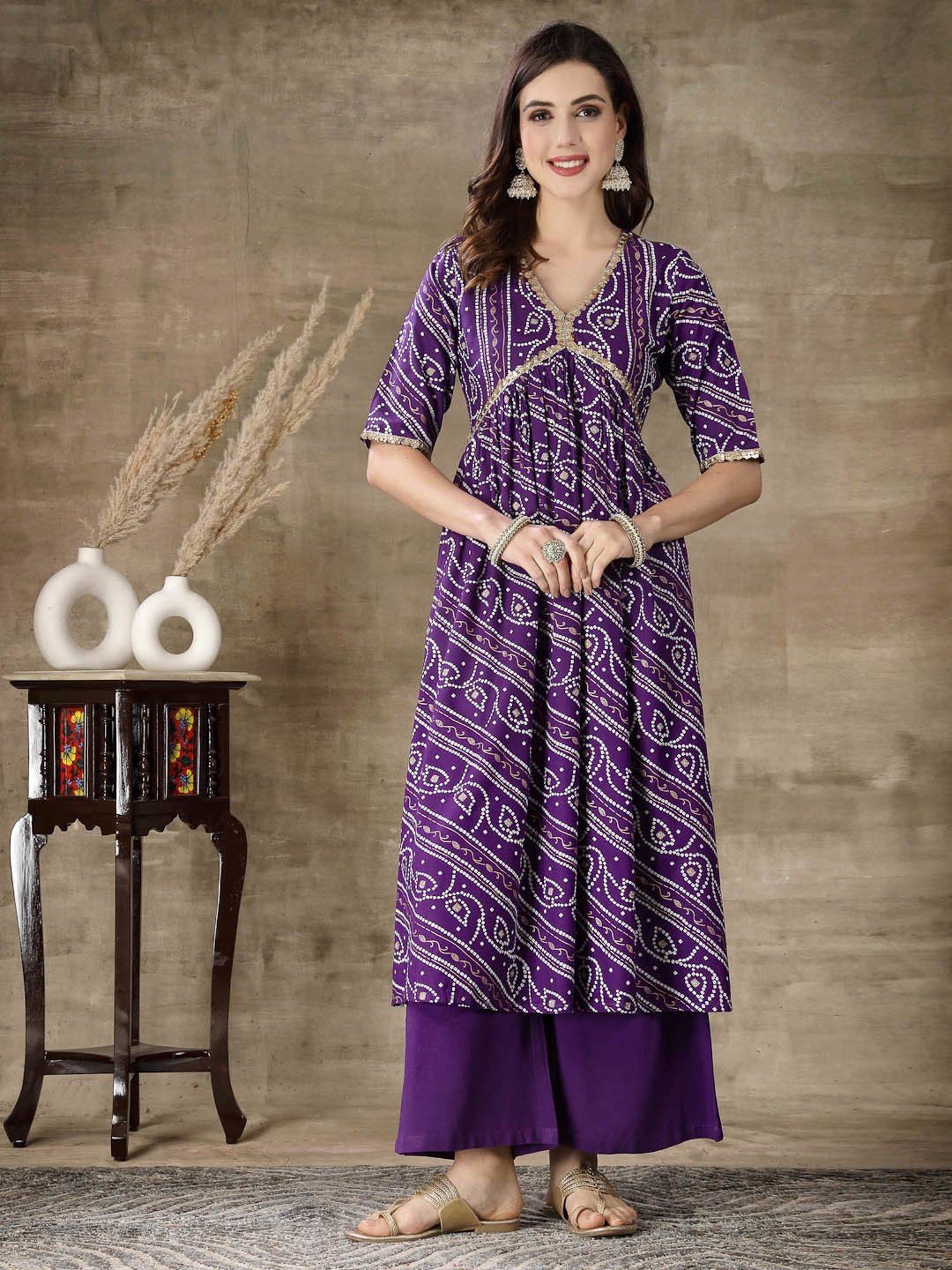 Buy Stylum Violet Rayon Bandhani Print Kurta With Palazzo 