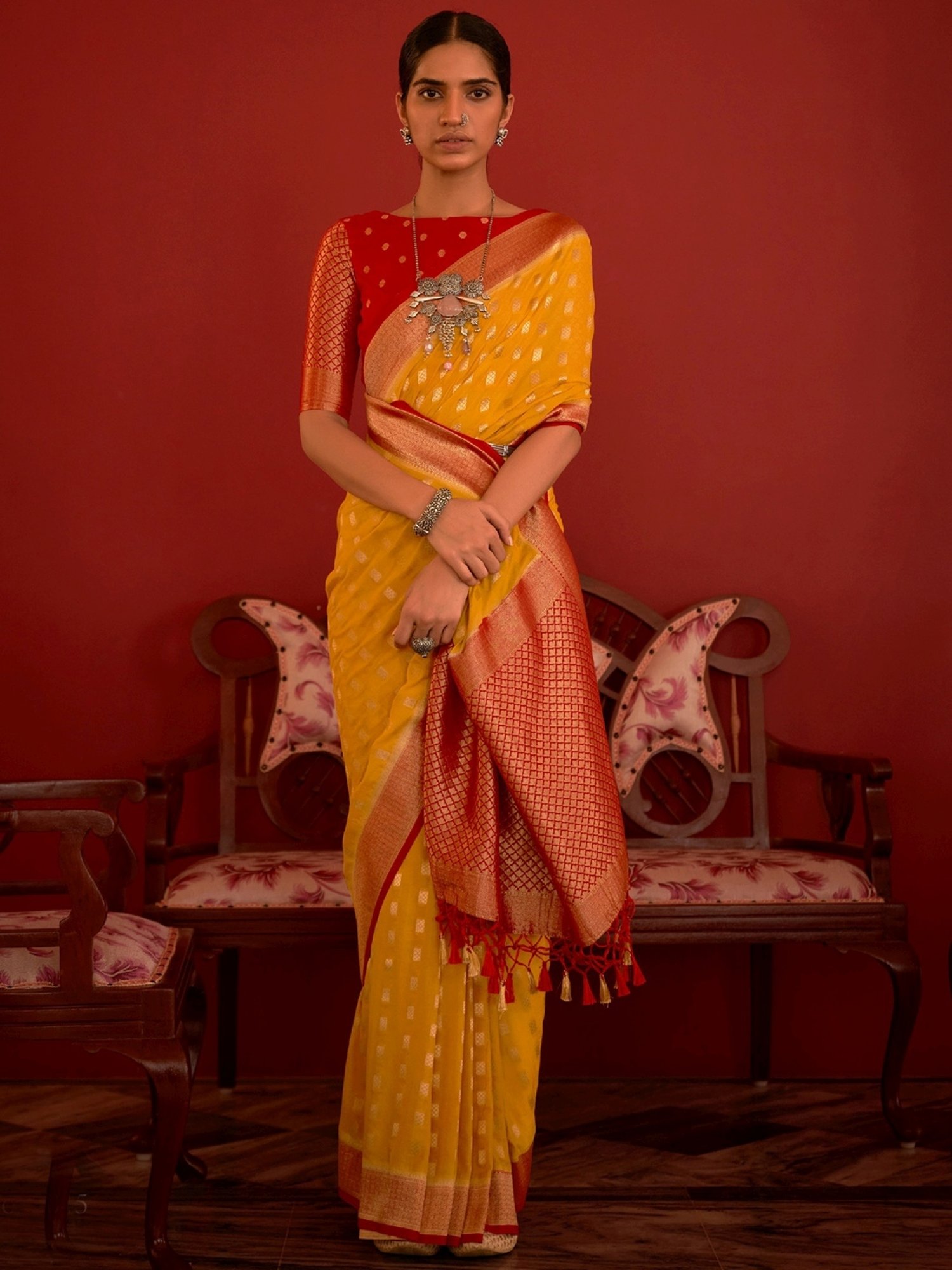 Silk Saree with blouse in Yellow colour 14003