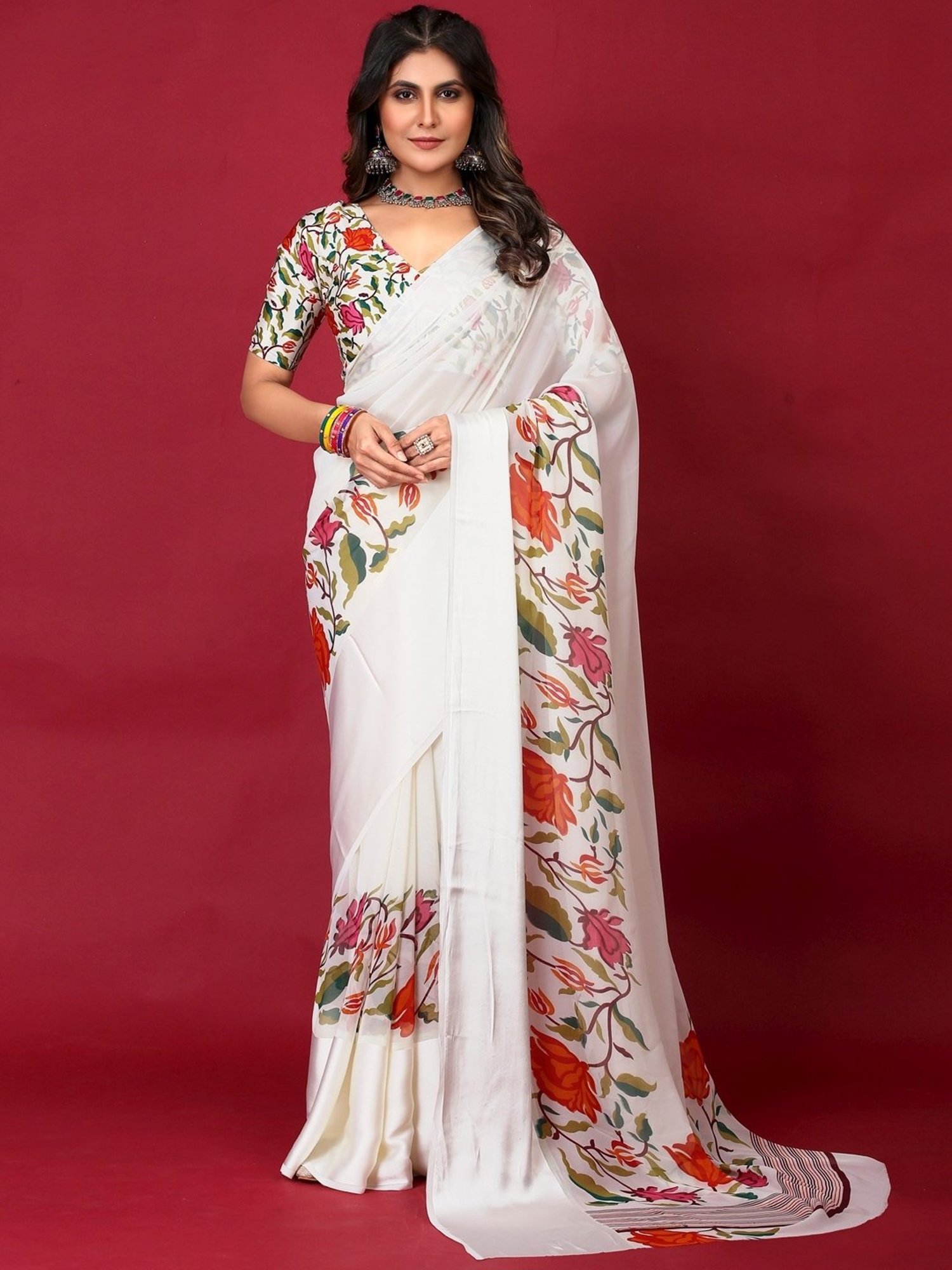 Organza Sarees : White organza digital flower printed saree