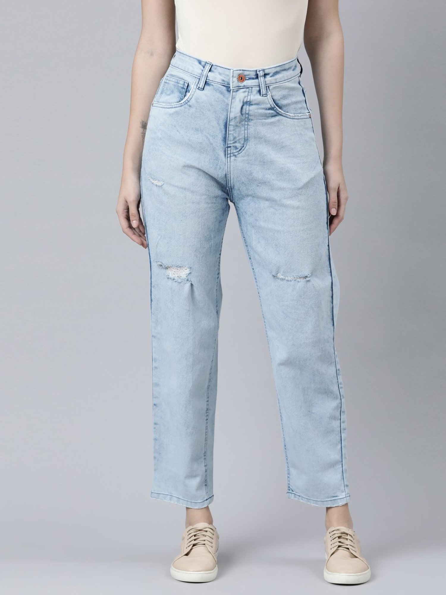 Buy ZHEIA Blue Cotton Distressed High Rise Jeans for Women