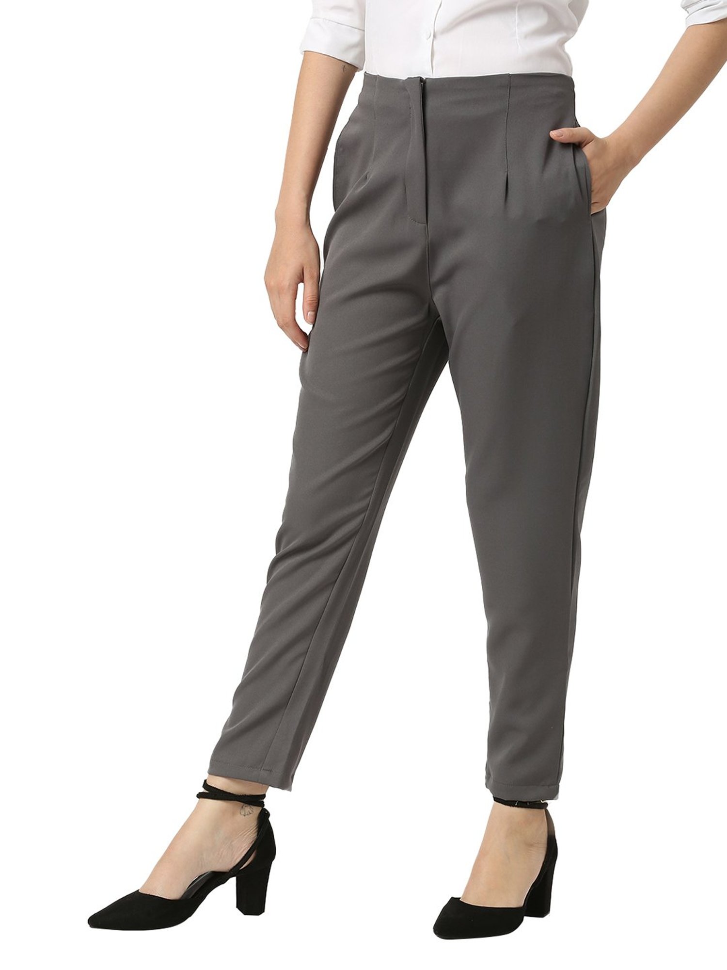 Buy MANGO Women Charcoal Grey Regular Fit Solid Cropped Trousers - Trousers  for Women 7344392 | Myntra
